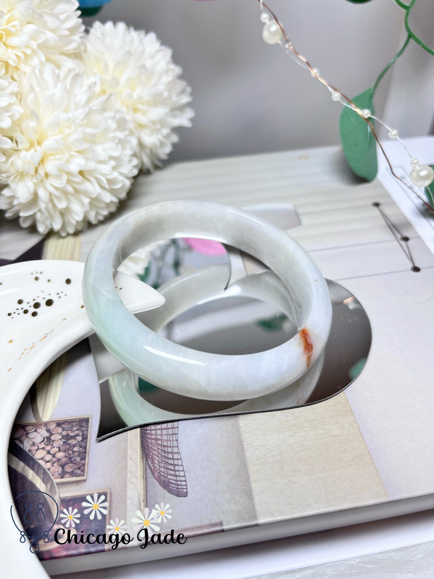 59mm Size M Green White with Orange Highlight Natural Grade A Authentic Untreated Burma Jadeite Jade Feicui Bangle
