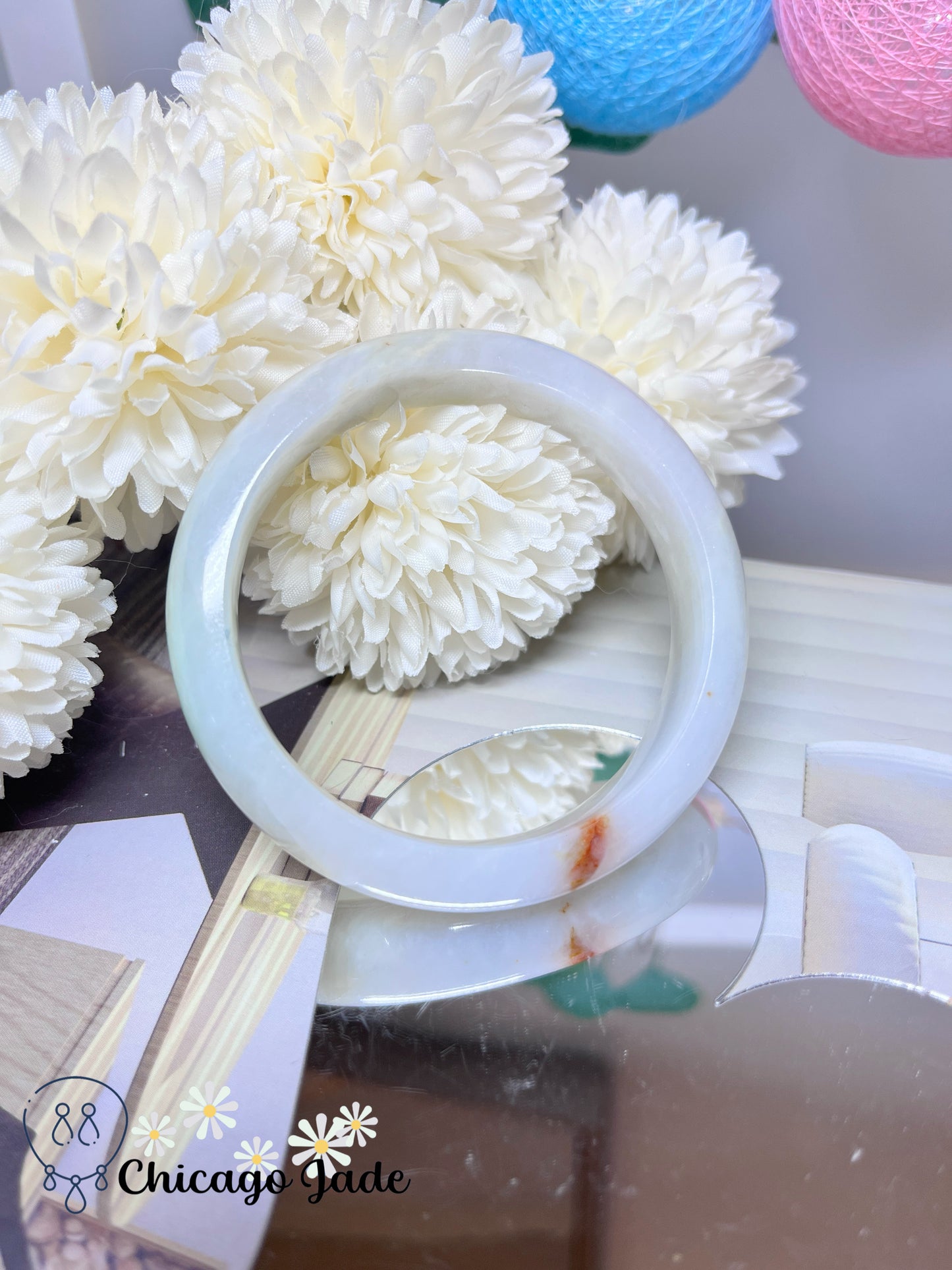 59mm Size M Green White with Orange Highlight Natural Grade A Authentic Untreated Burma Jadeite Jade Feicui Bangle
