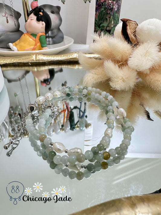 Long double round jadeite jade beaded bracelet with natural pearl for decoration - a designer piece