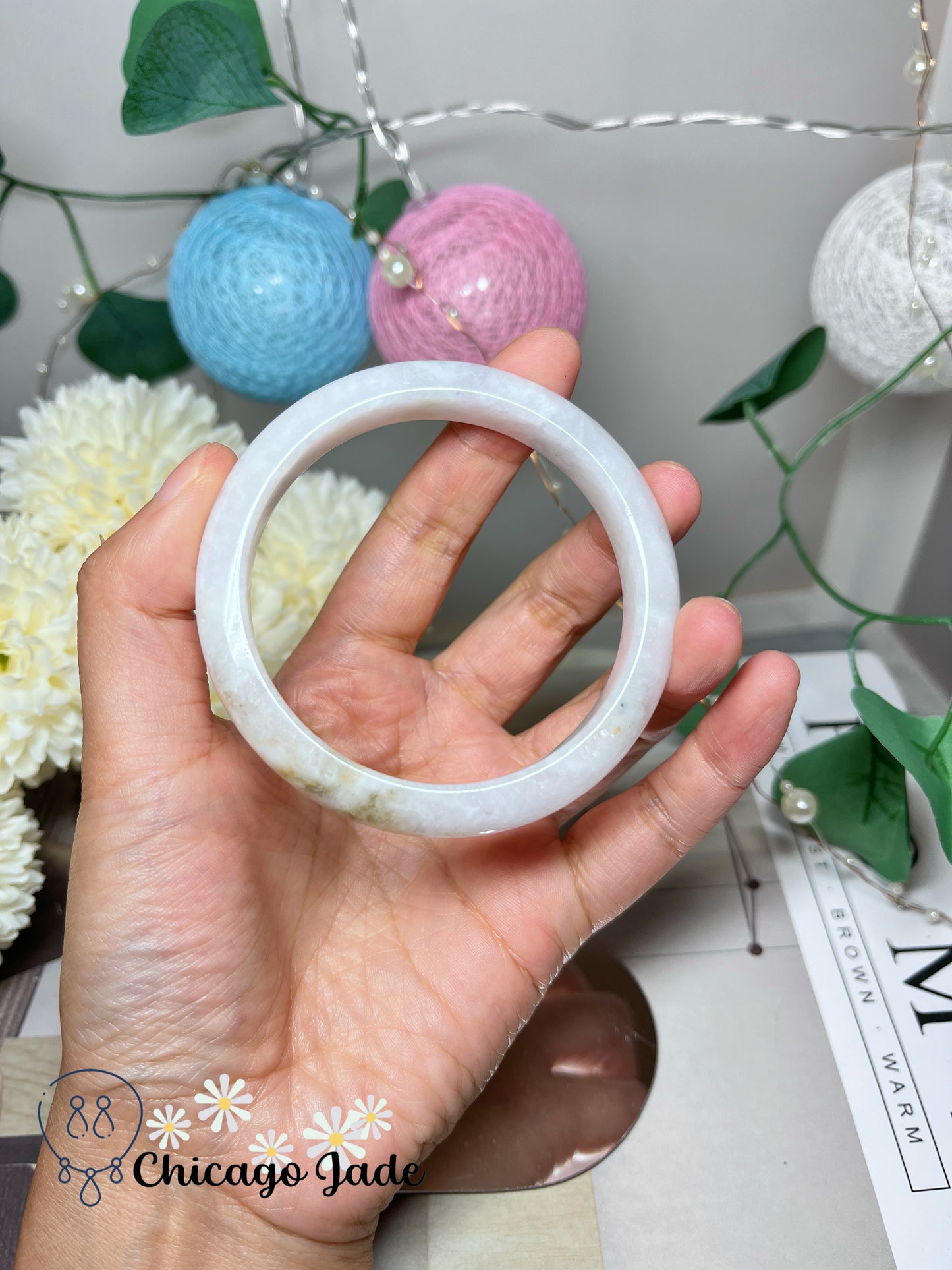 58mm Size M Flat Inside Faint Pink Moonlight White Natural Grade A Untreated Burma Jadeite Jade Bangle