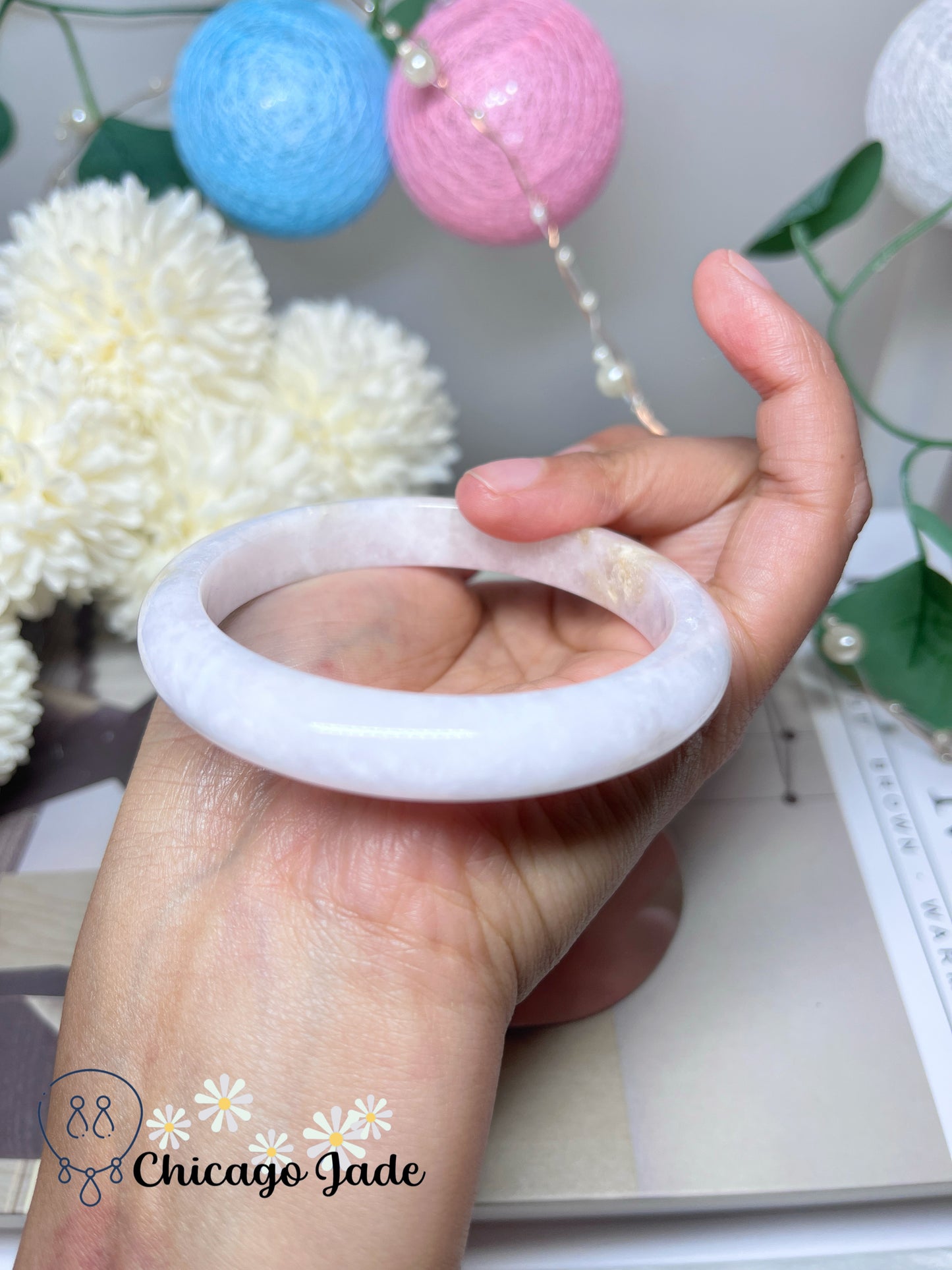 58mm Size M Flat Inside Faint Pink Moonlight White Natural Grade A Untreated Burma Jadeite Jade Bangle