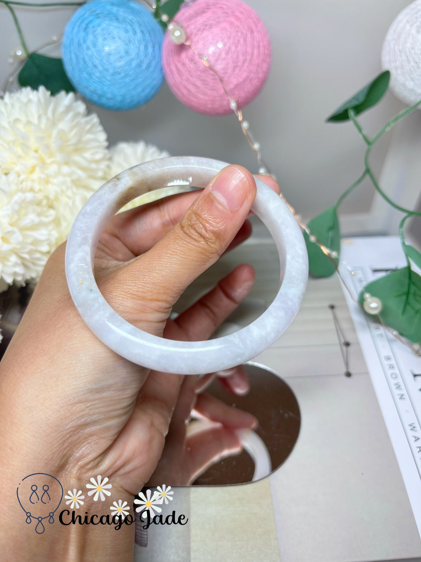 58mm Size M Flat Inside Faint Pink Moonlight White Natural Grade A Untreated Burma Jadeite Jade Bangle