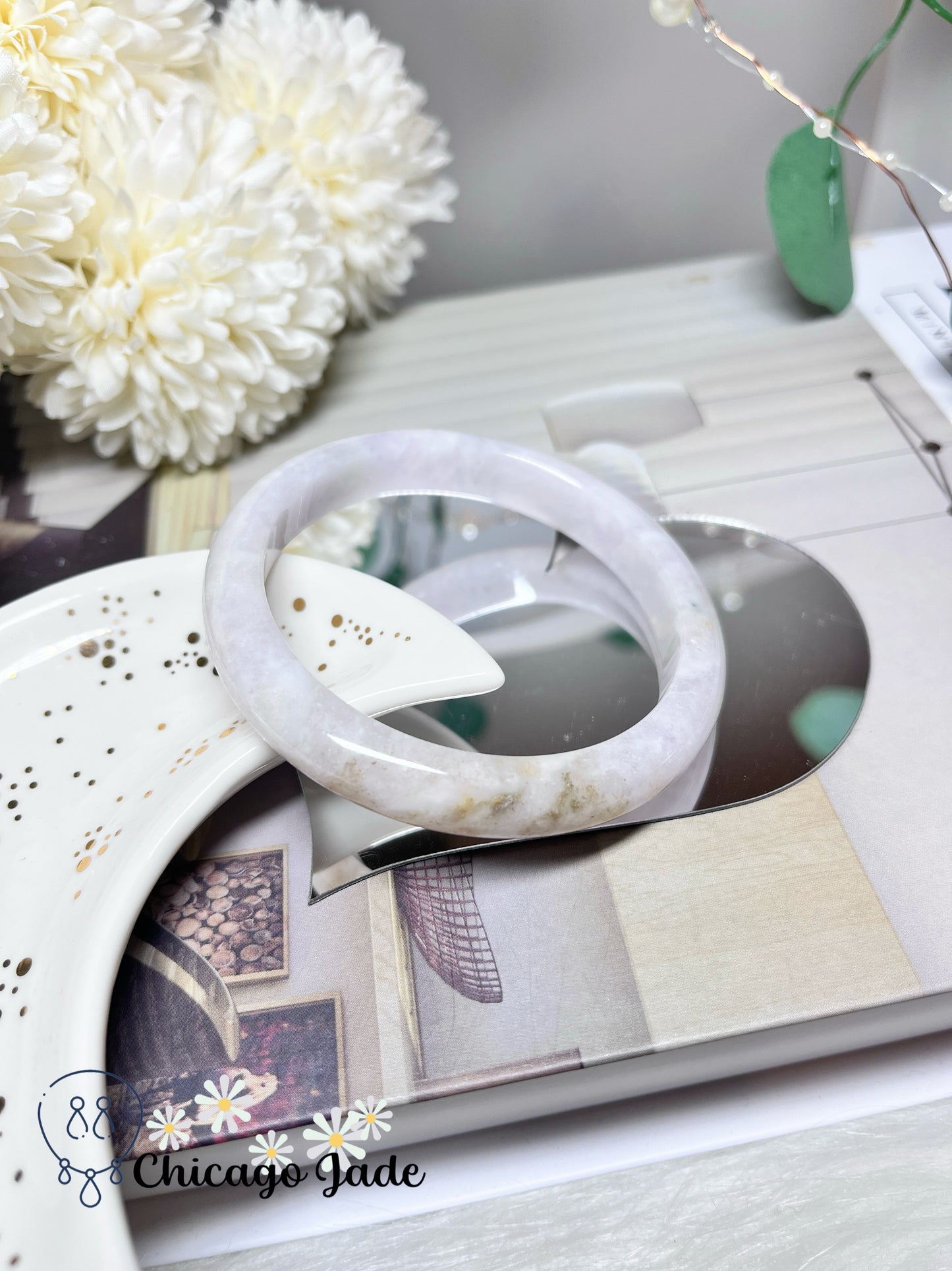 58mm Size M Flat Inside Faint Pink Moonlight White Natural Grade A Untreated Burma Jadeite Jade Bangle