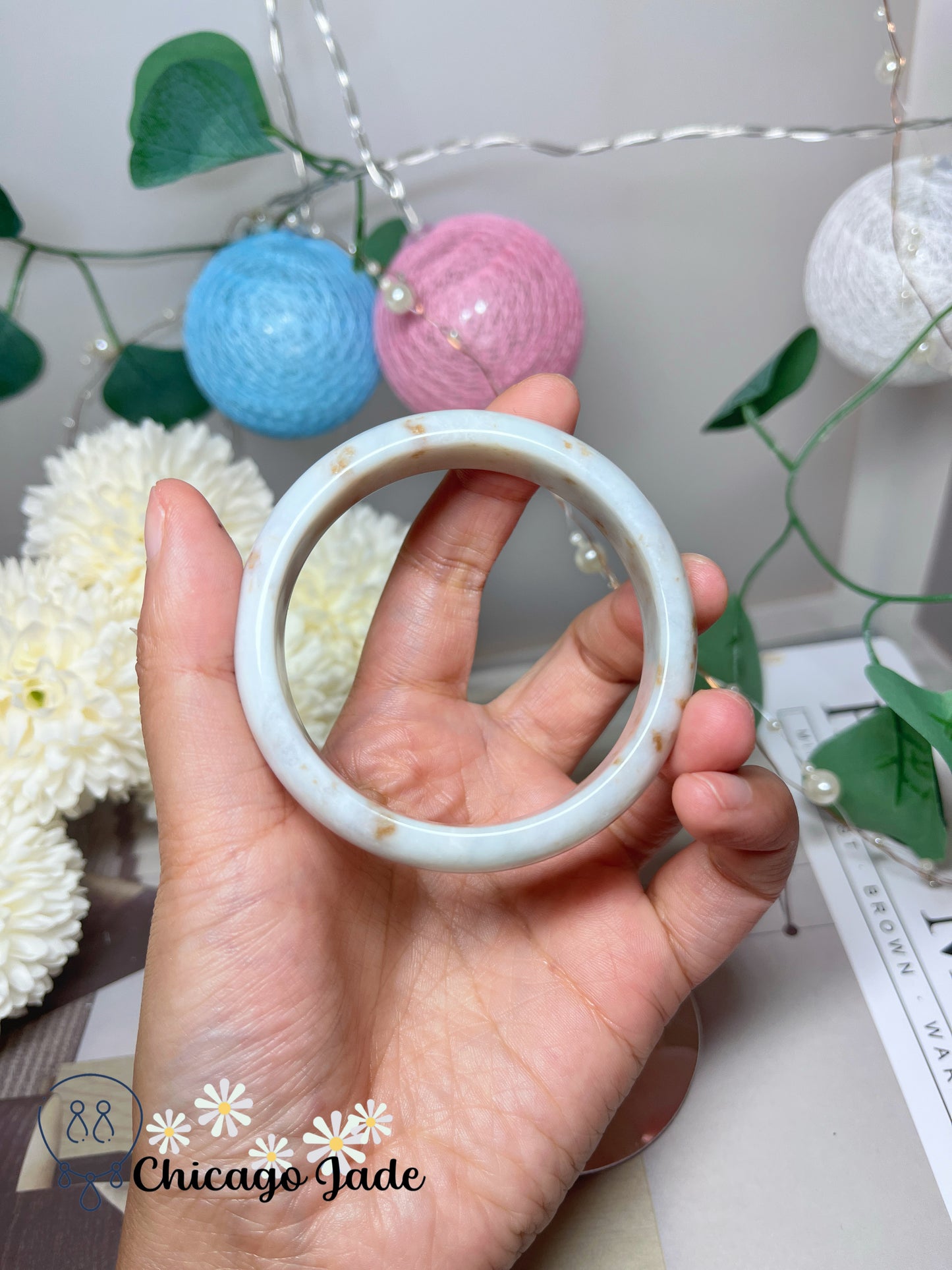 55.2mm SIze S Flat Inside Moonlight White Base Orange Dots Natural Grade A Untreated Burma Jadeite Jade Feicui Bangle