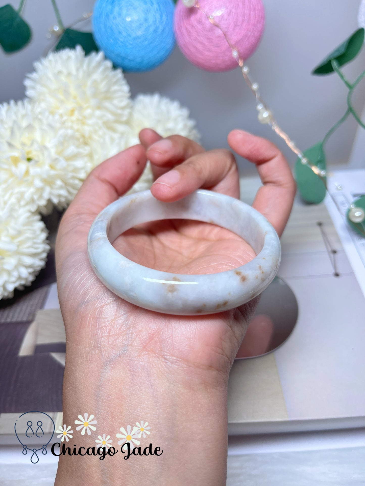 55.2mm SIze S Flat Inside Moonlight White Base Orange Dots Natural Grade A Untreated Burma Jadeite Jade Feicui Bangle