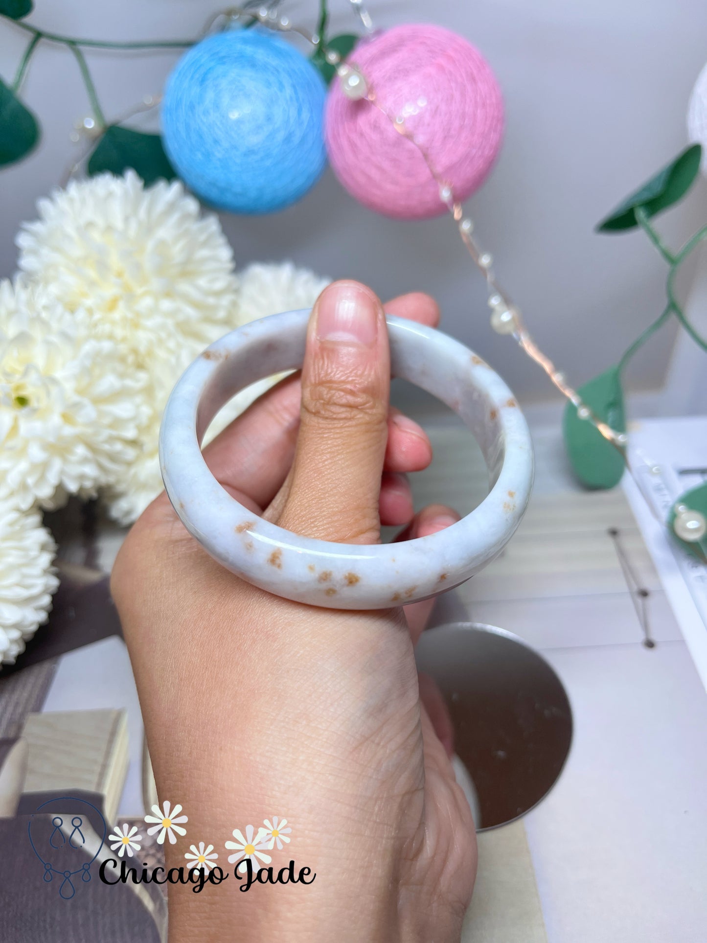 55.2mm SIze S Flat Inside Moonlight White Base Orange Dots Natural Grade A Untreated Burma Jadeite Jade Feicui Bangle