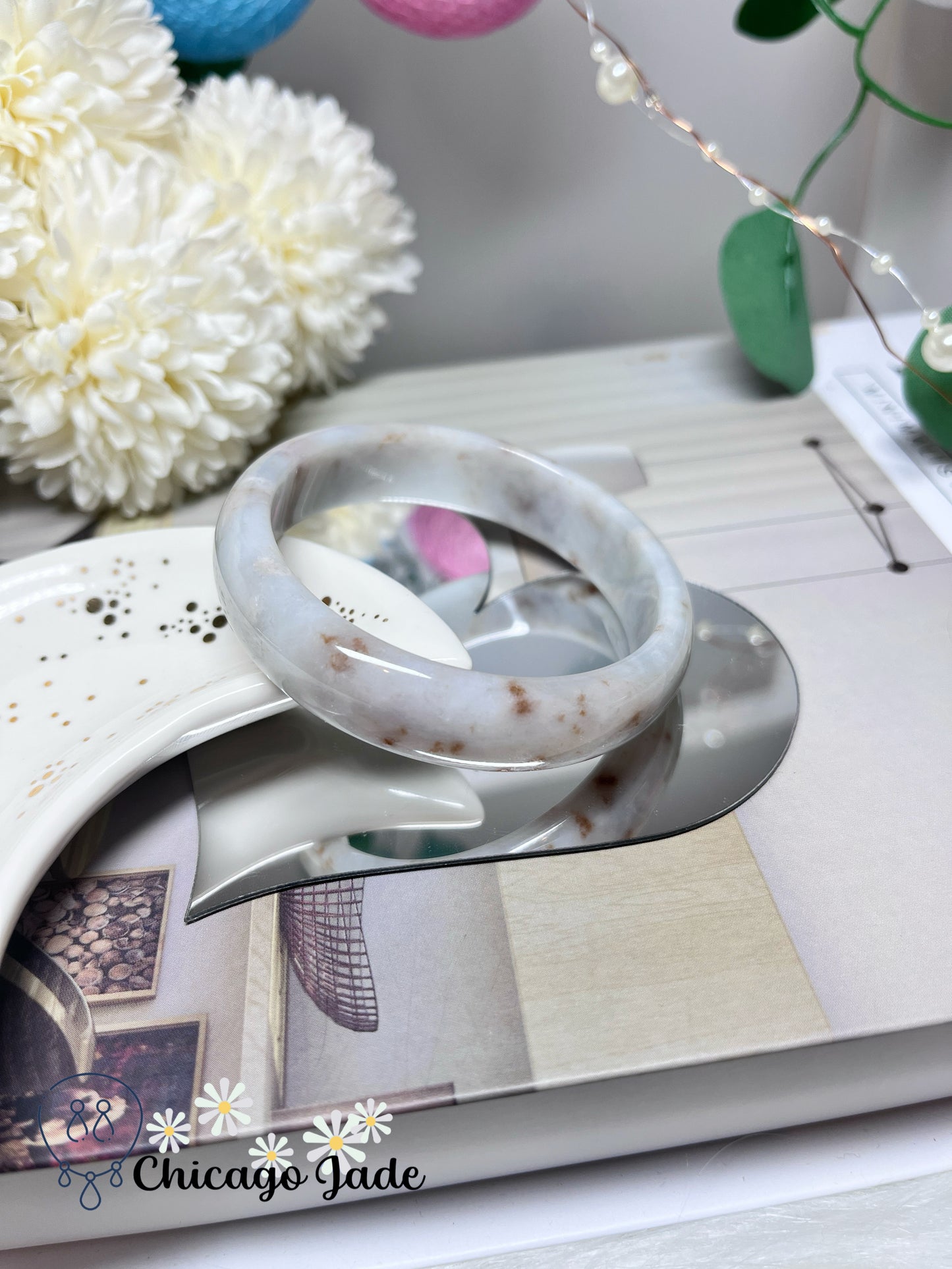 55.2mm SIze S Flat Inside Moonlight White Base Orange Dots Natural Grade A Untreated Burma Jadeite Jade Feicui Bangle