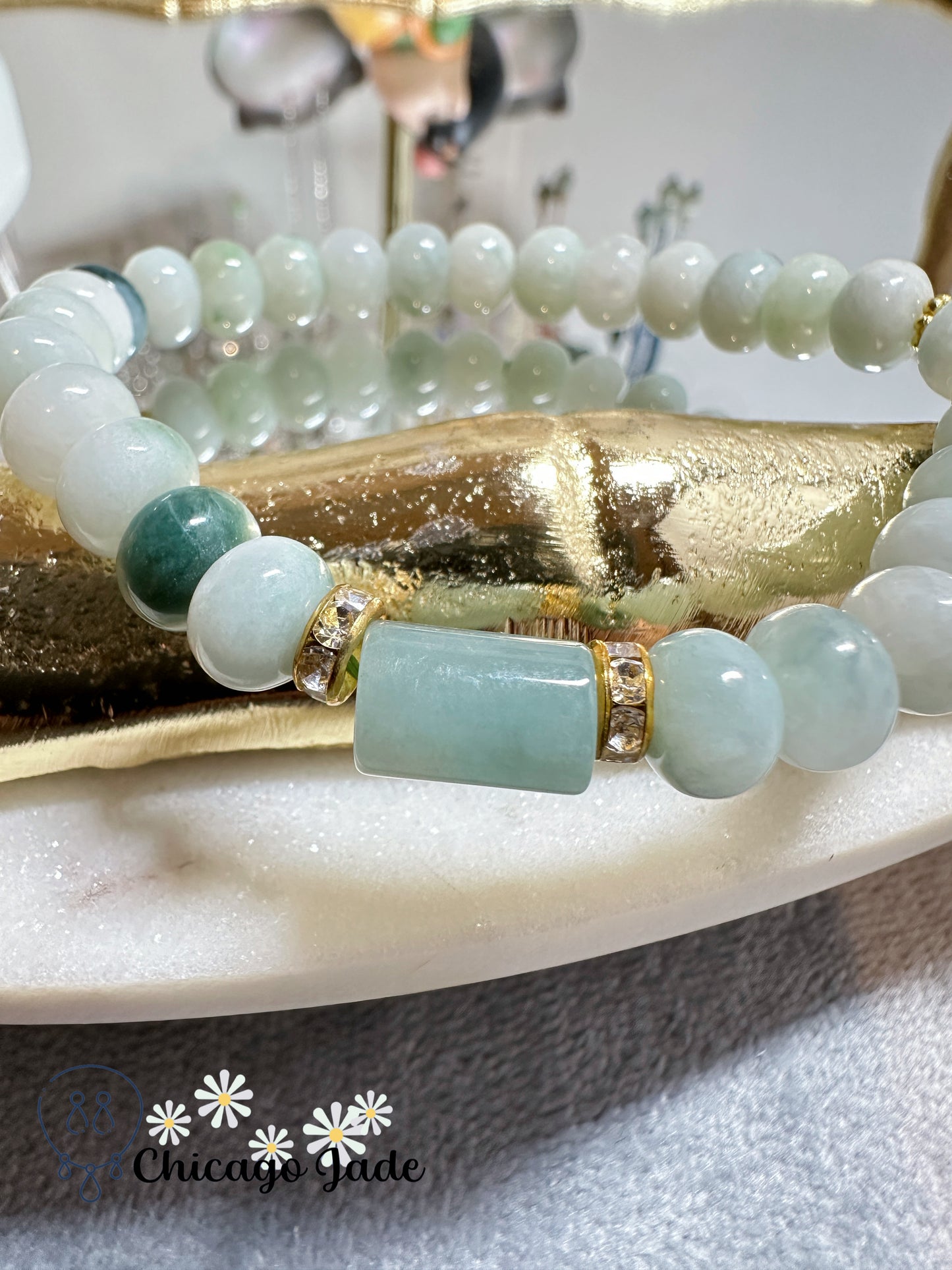 Donut shaped jadeite beads with cylinder green main bead jadeite jade beaded bracelet