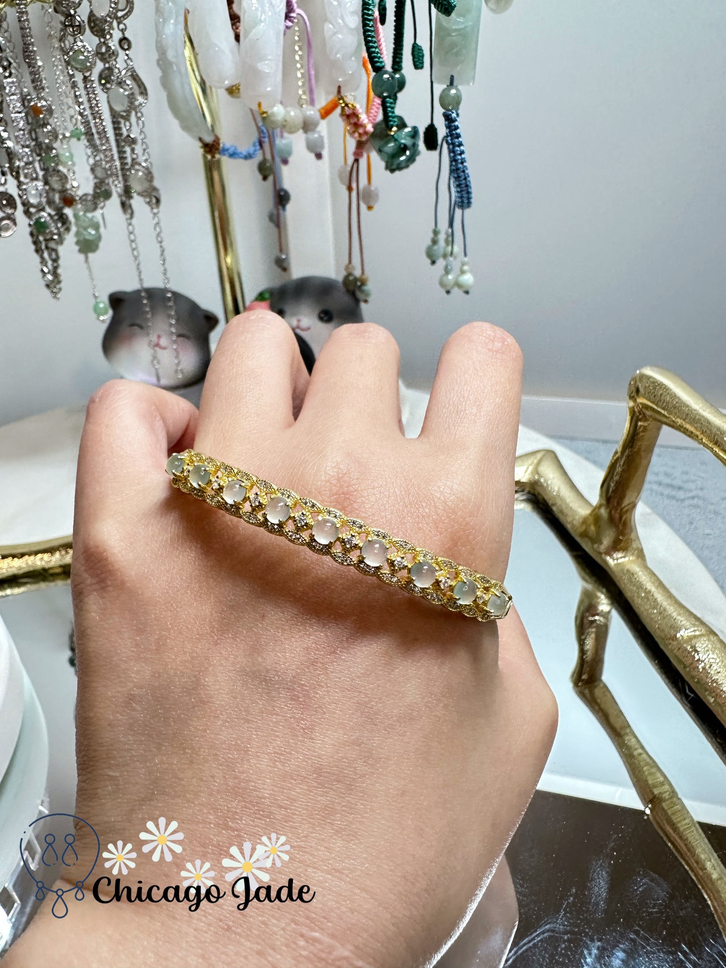 Luxury clear white jadeite jade and zircon in sterling silver bangle (adjustable size XS - L)