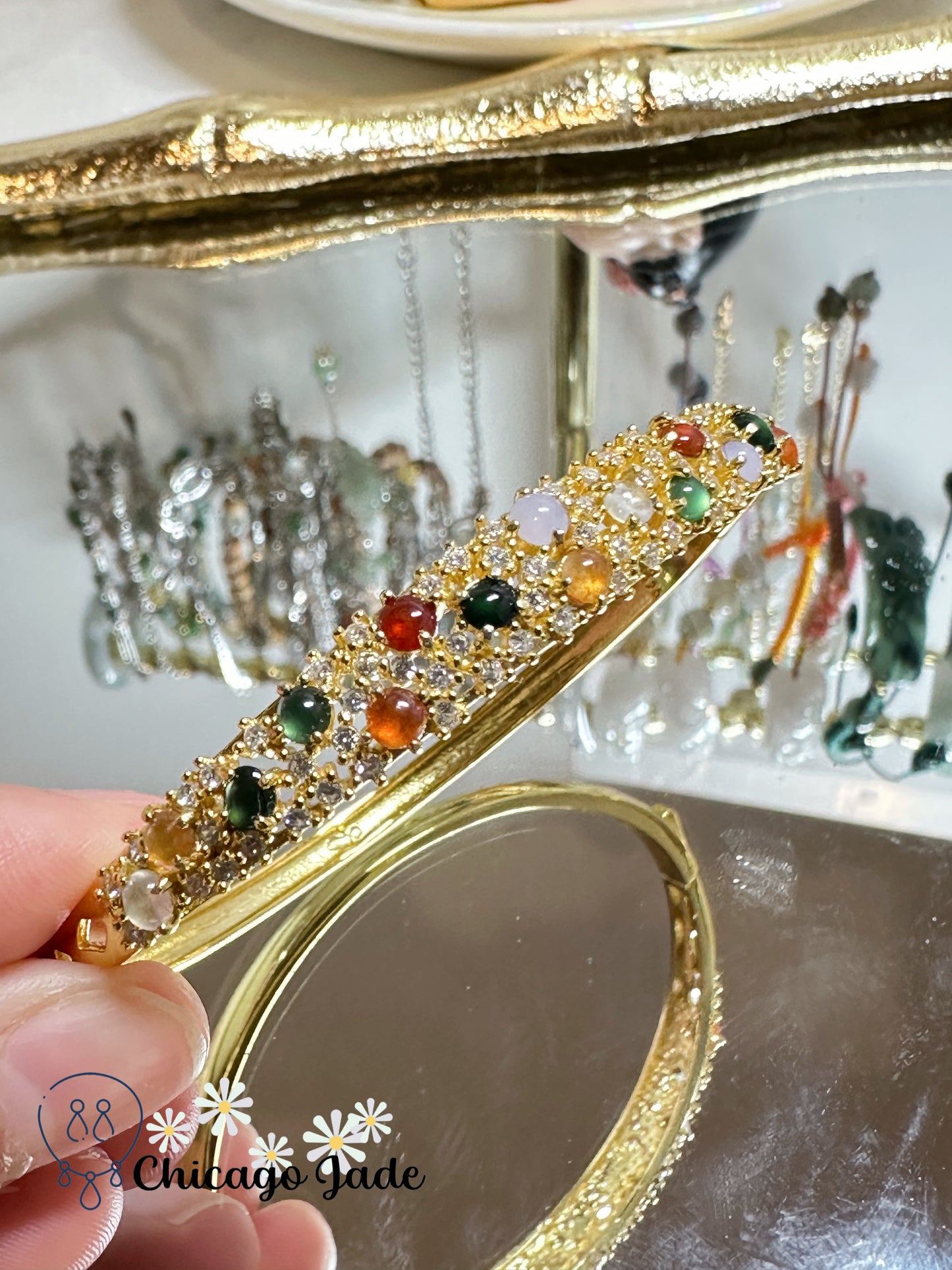 Luxury rainbow jadeite jade and zircon in sterling silver bangle (adjustable size XS - L)
