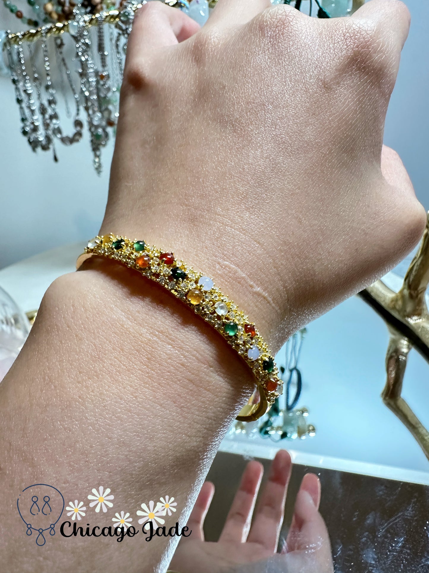 Luxury rainbow jadeite jade and zircon in sterling silver bangle (adjustable size XS - L)