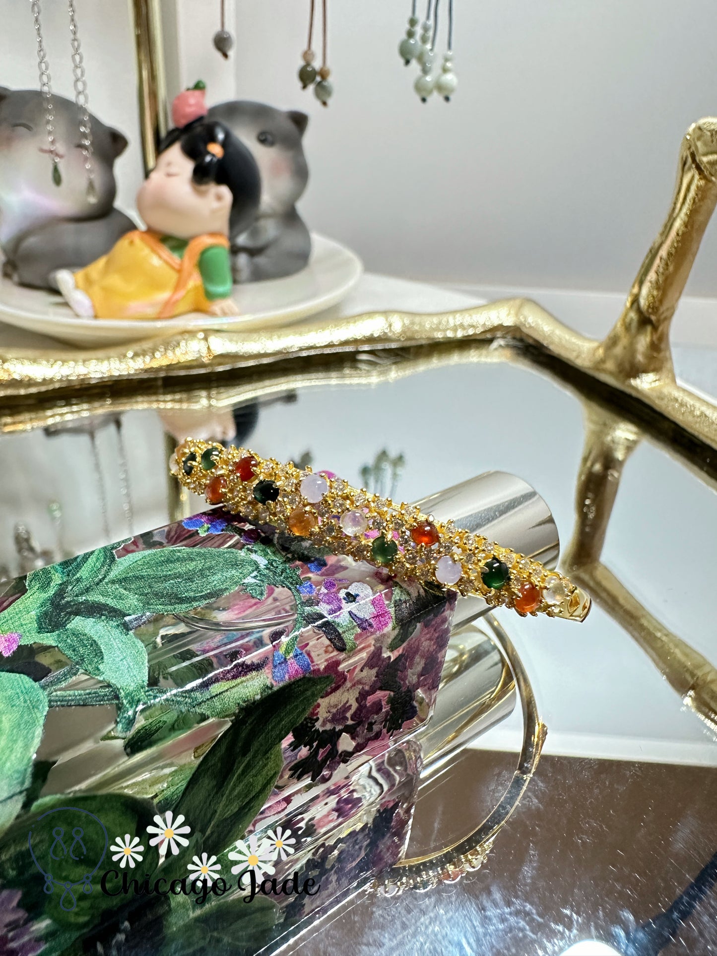 Luxury rainbow jadeite jade and zircon in sterling silver bangle (adjustable size XS - L)