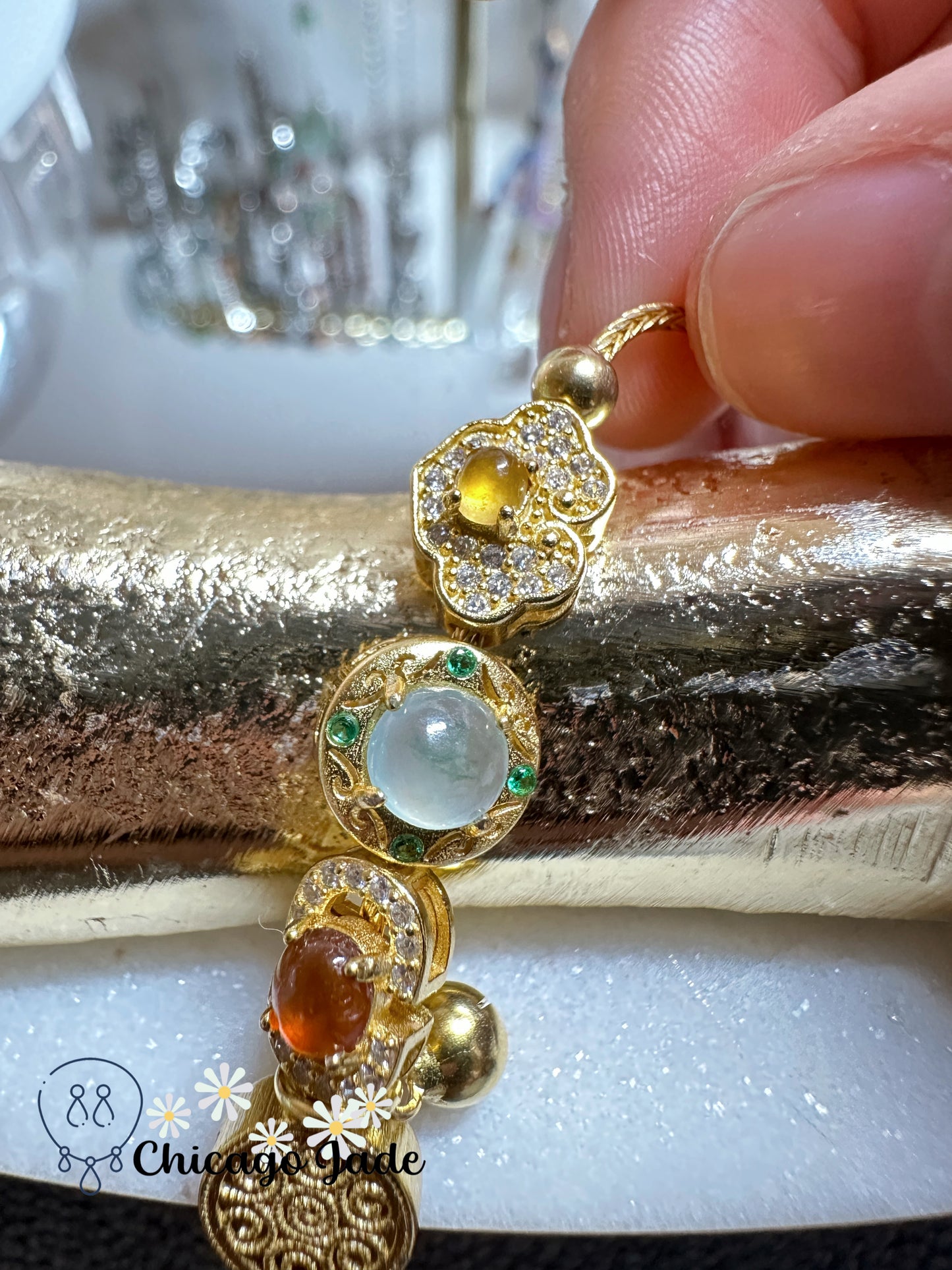 Luxury rainbow jadeite jade and zircon in sterling silver Classical Chinese symbols bracelet