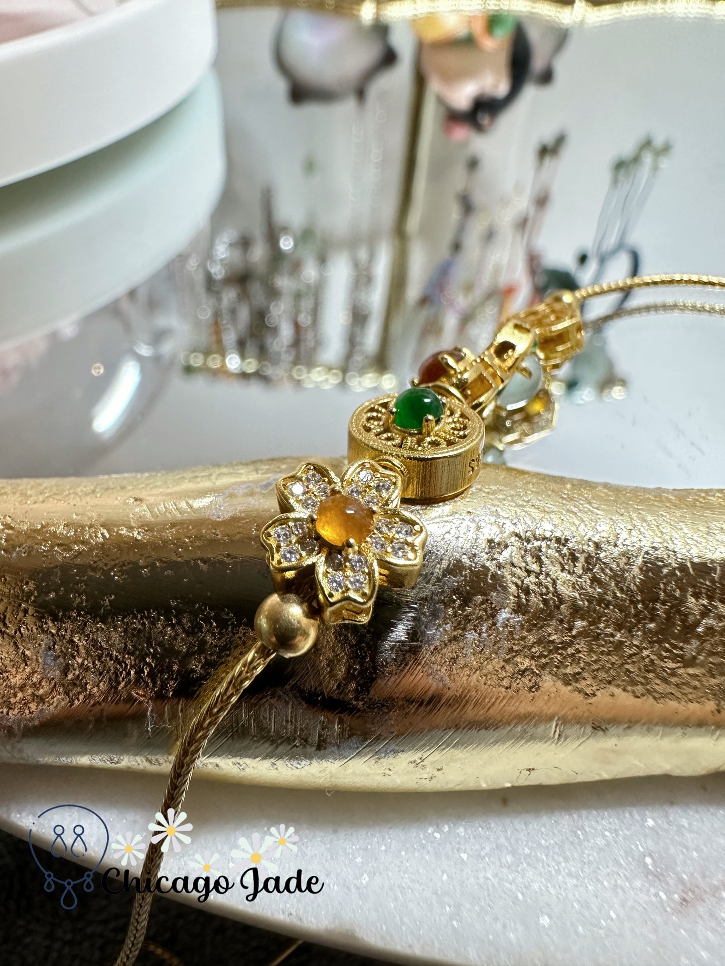 Luxury rainbow jadeite jade and zircon in sterling silver Classical Chinese symbols bracelet