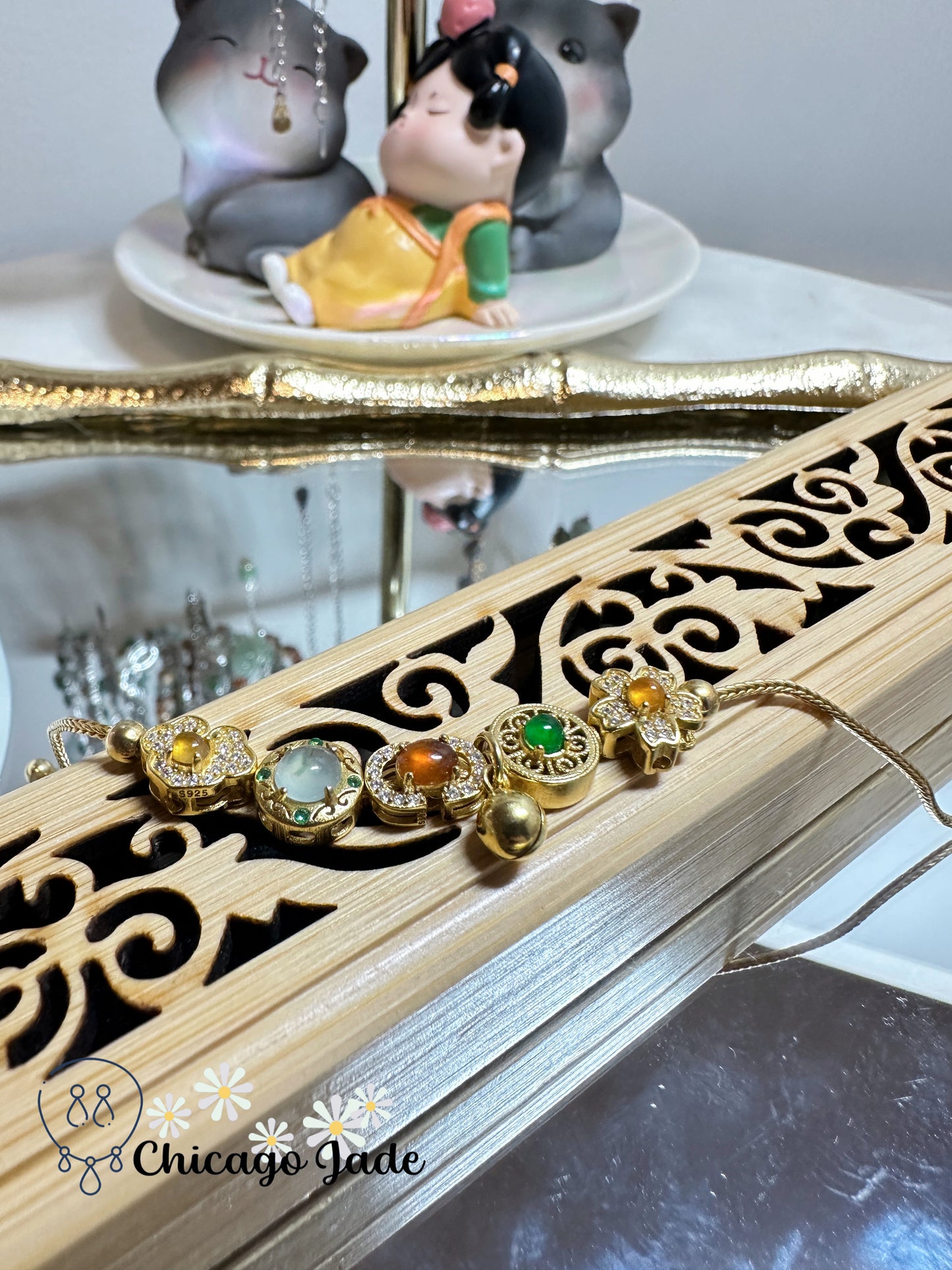 Luxury rainbow jadeite jade and zircon in sterling silver Classical Chinese symbols bracelet