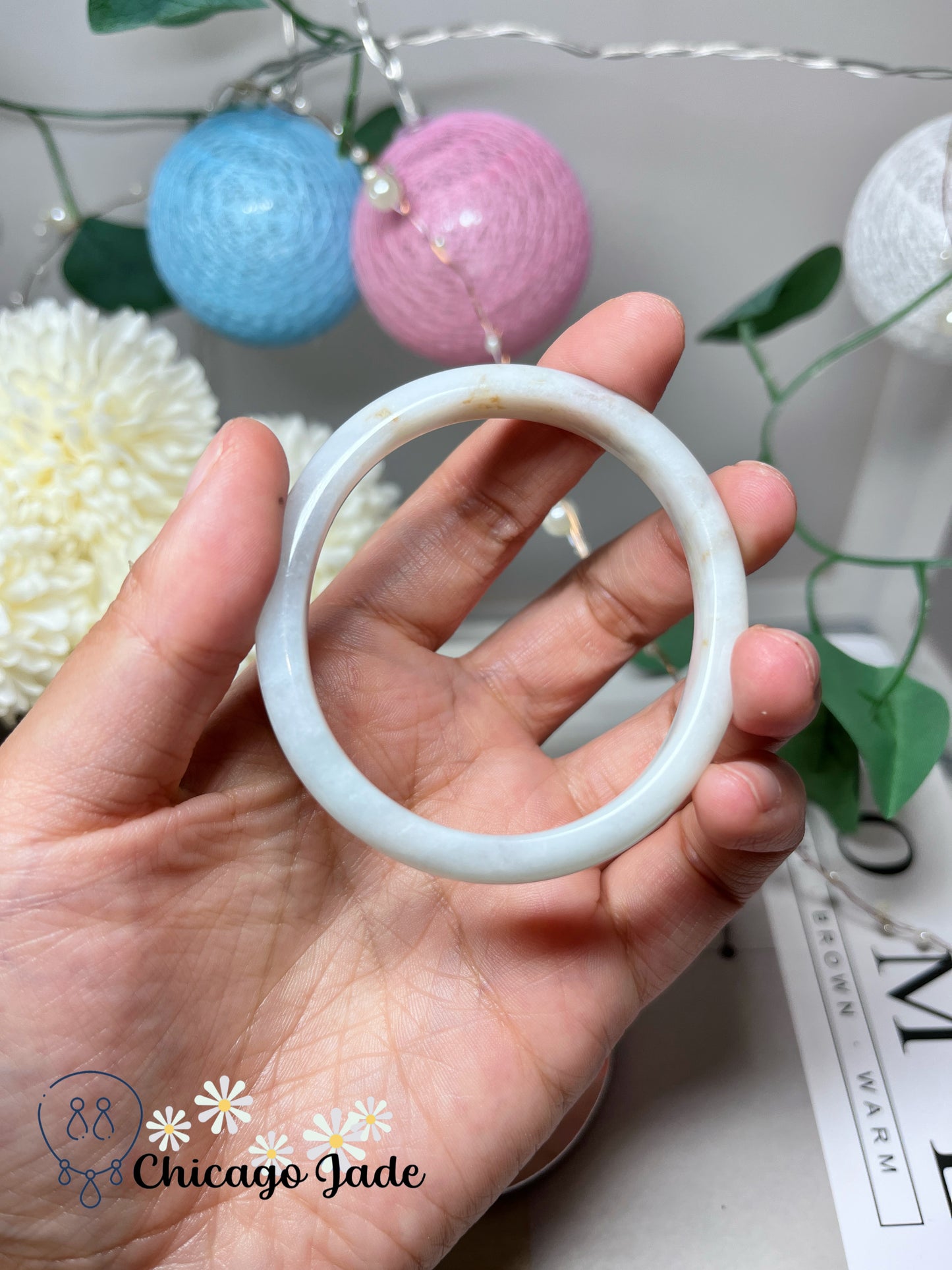 53mm Size XS Oval Shaped Moonlight White Base with Orange Highlights Natural Authentic Burma Jadeite Jade Feicui Bangle