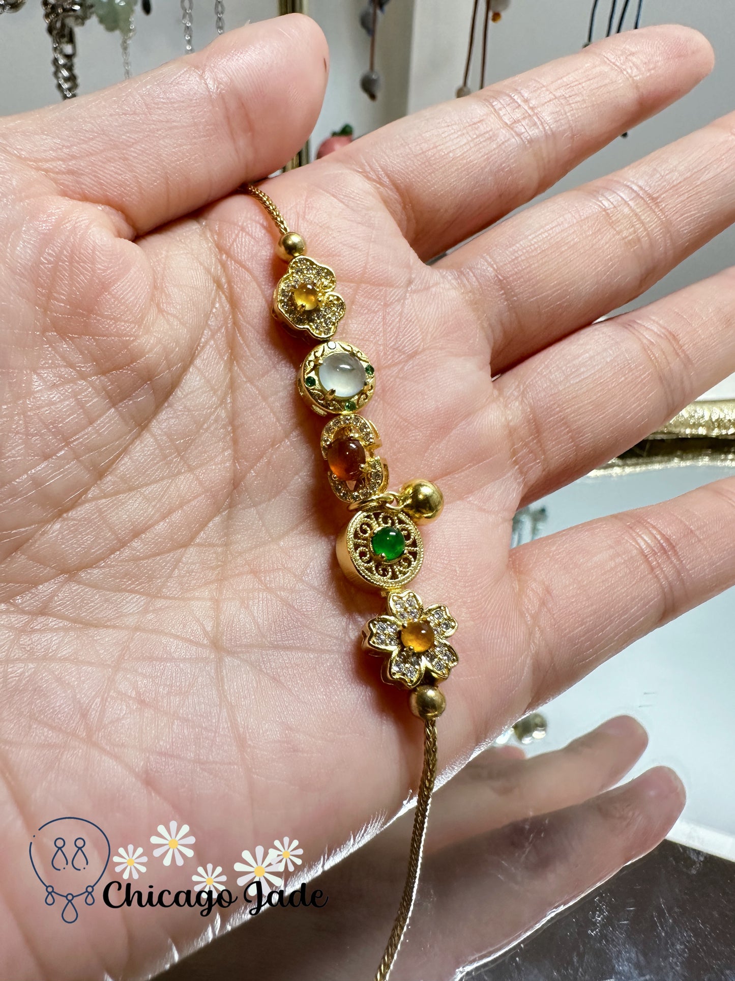 Luxury rainbow jadeite jade and zircon in sterling silver Classical Chinese symbols bracelet