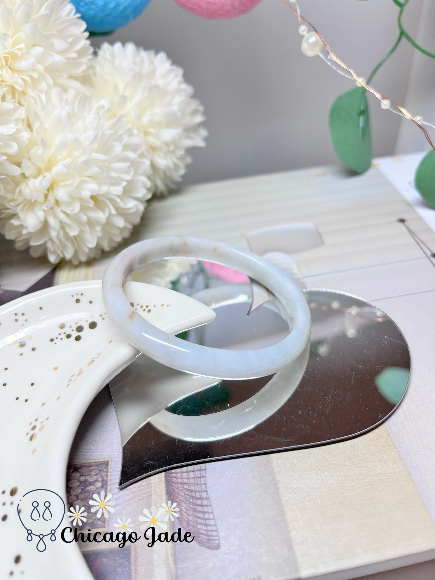 53mm Size XS Oval Shaped Moonlight White Base with Orange Highlights Natural Authentic Burma Jadeite Jade Feicui Bangle