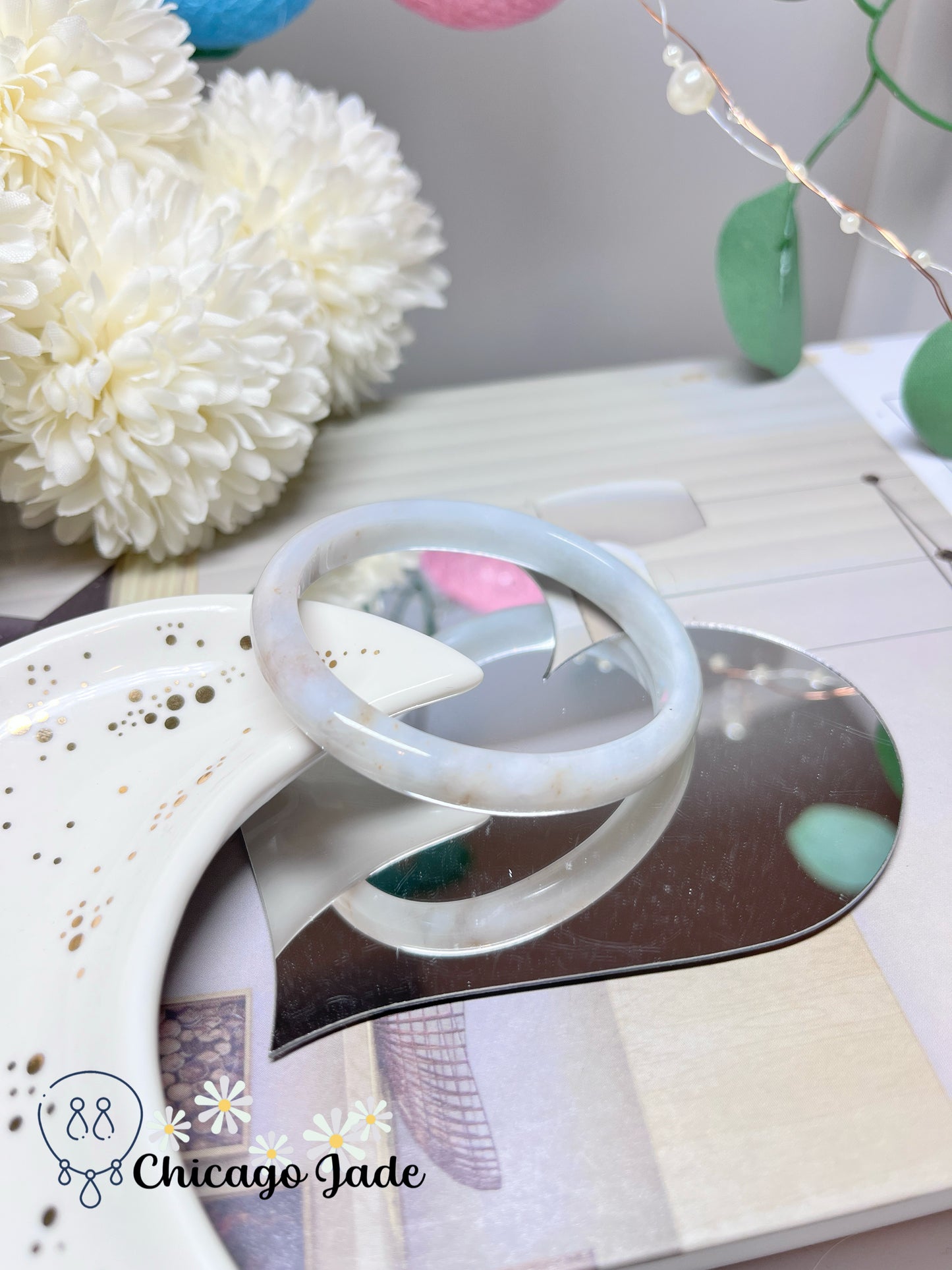 53mm Size XS Oval Shaped Moonlight White Base with Orange Highlights Natural Authentic Burma Jadeite Jade Feicui Bangle