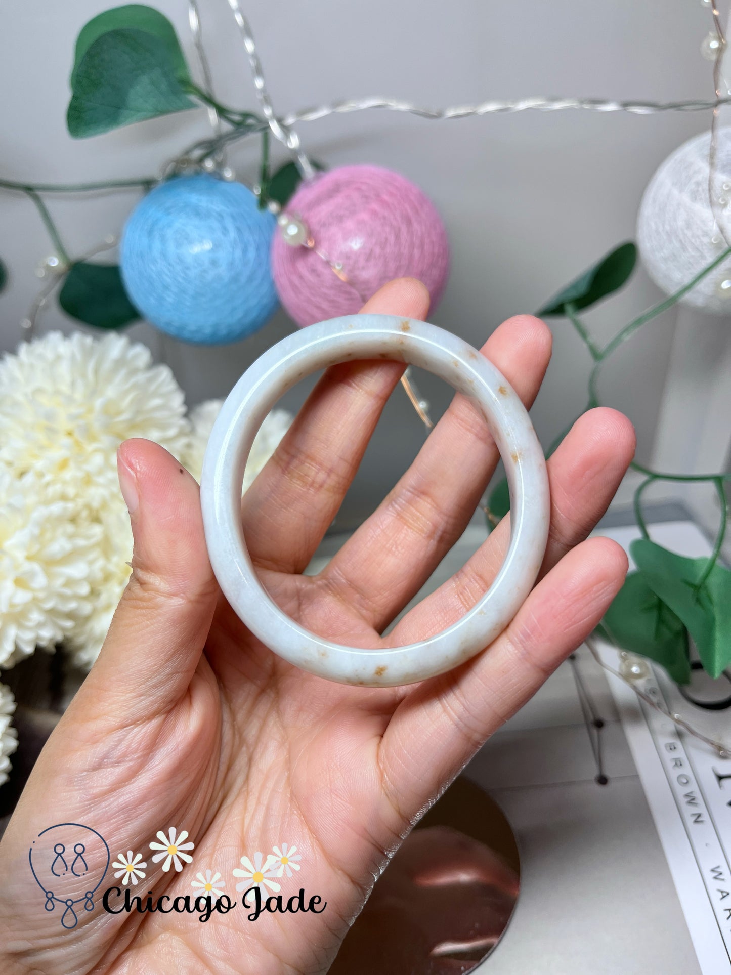 54mm Size XXS Oval Shaped White Base Orange HIghlight Natural Grade A Authentic Jadeite Jade Feicui Bangle Handmade Burma