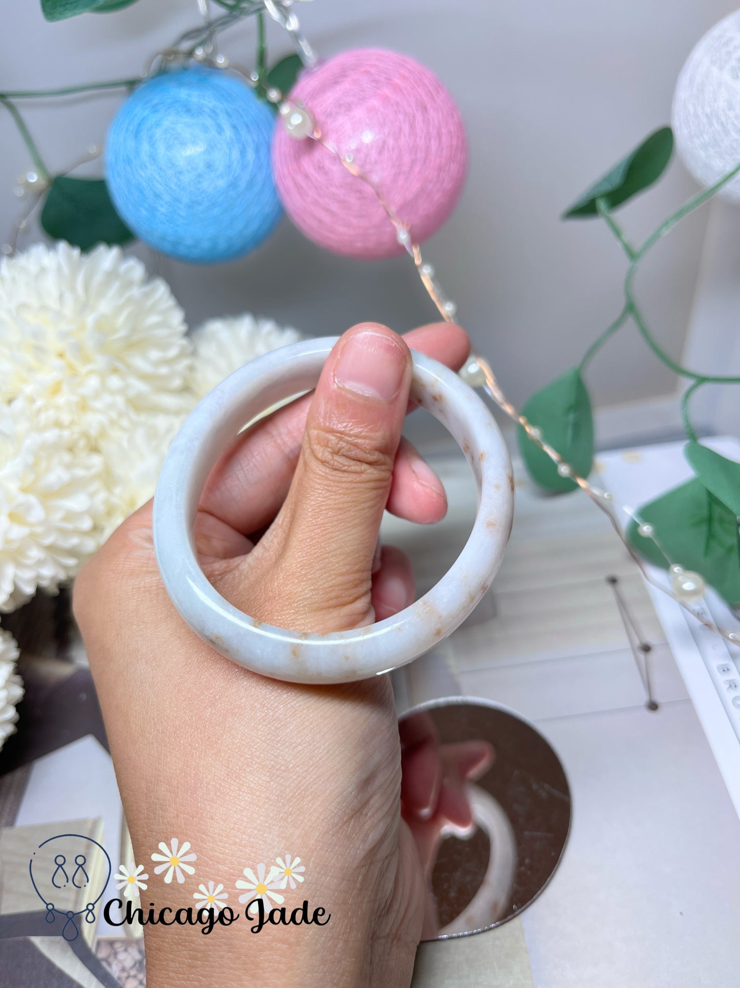 54mm Size XXS Oval Shaped White Base Orange HIghlight Natural Grade A Authentic Jadeite Jade Feicui Bangle Handmade Burma
