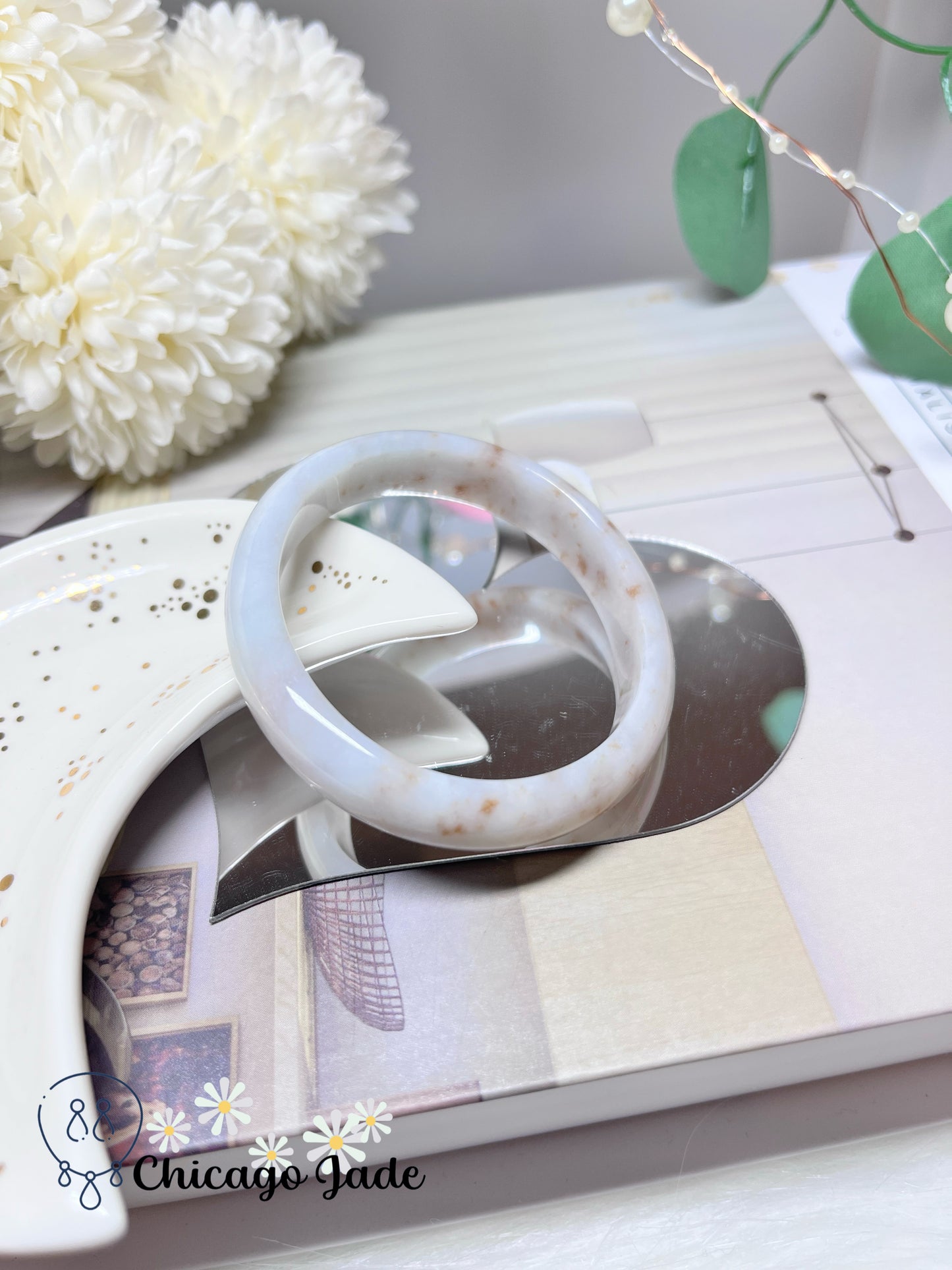 54mm Size XXS Oval Shaped White Base Orange HIghlight Natural Grade A Authentic Jadeite Jade Feicui Bangle Handmade Burma