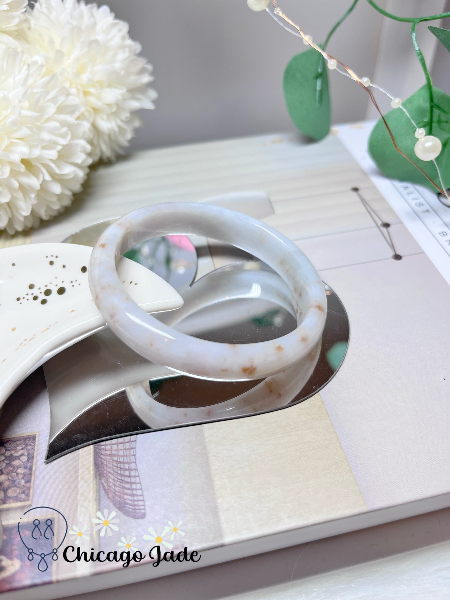 54mm Size XXS Oval Shaped White Base Orange HIghlight Natural Grade A Authentic Jadeite Jade Feicui Bangle Handmade Burma