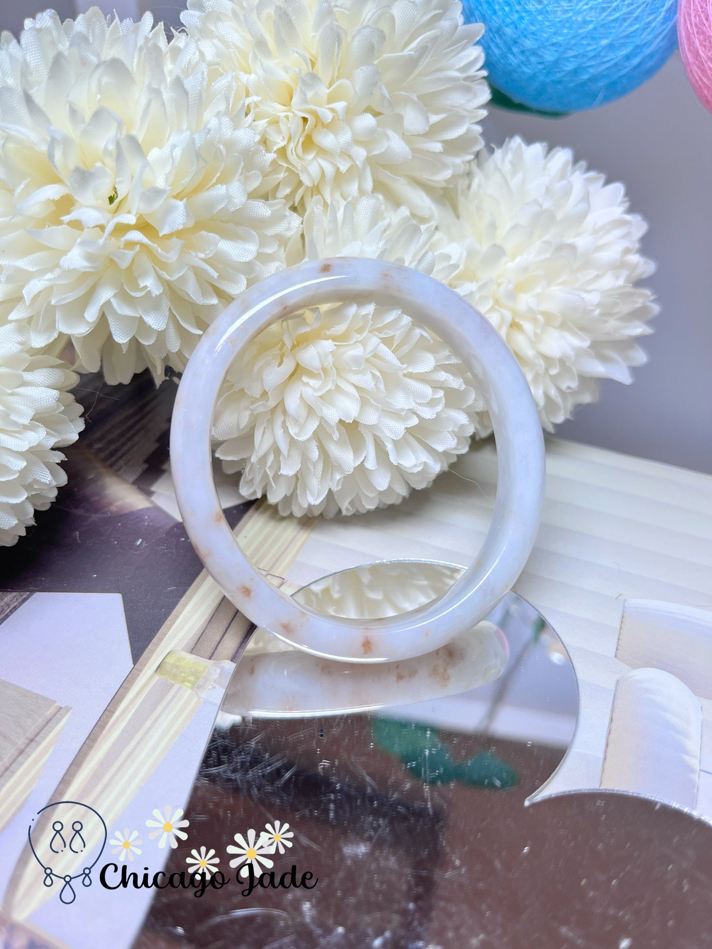 54mm Size XXS Oval Shaped White Base Orange HIghlight Natural Grade A Authentic Jadeite Jade Feicui Bangle Handmade Burma