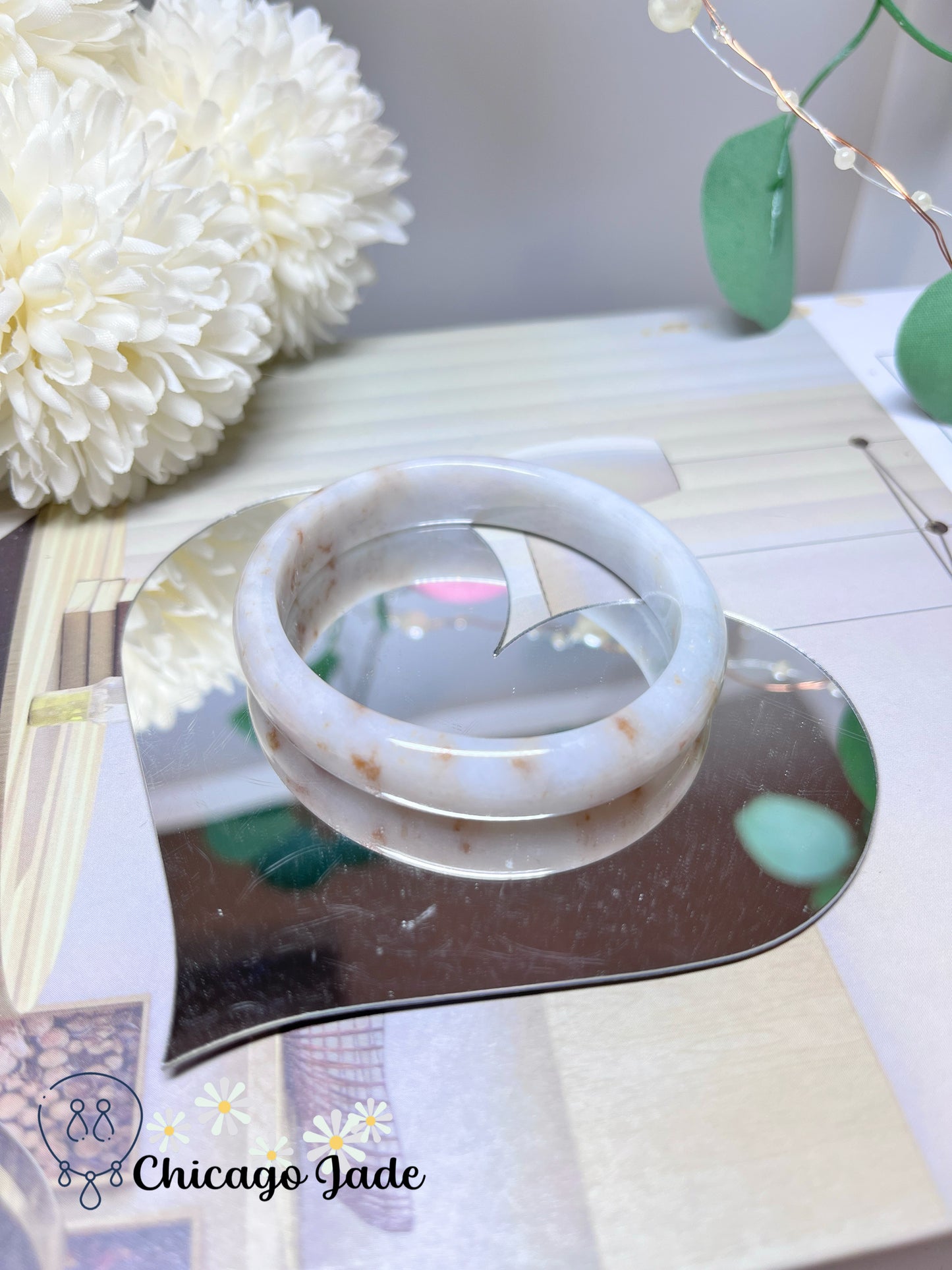 54mm Size XXS Oval Shaped White Base Orange HIghlight Natural Grade A Authentic Jadeite Jade Feicui Bangle Handmade Burma