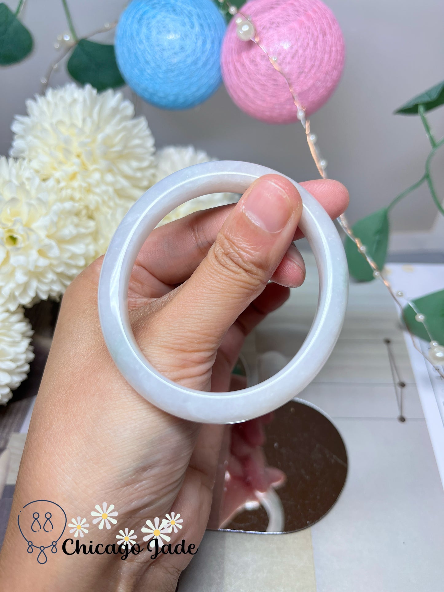 53.8mm Size XS White Base Faint Blue Natural Authentic Untreated Jadeite Jade Feicui Bangle Oval Shape Handmade
