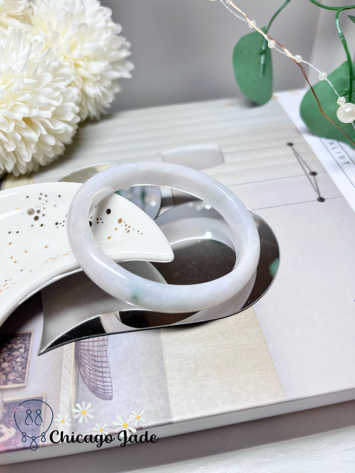 53.8mm Size XS White Base Faint Blue Natural Authentic Untreated Jadeite Jade Feicui Bangle Oval Shape Handmade