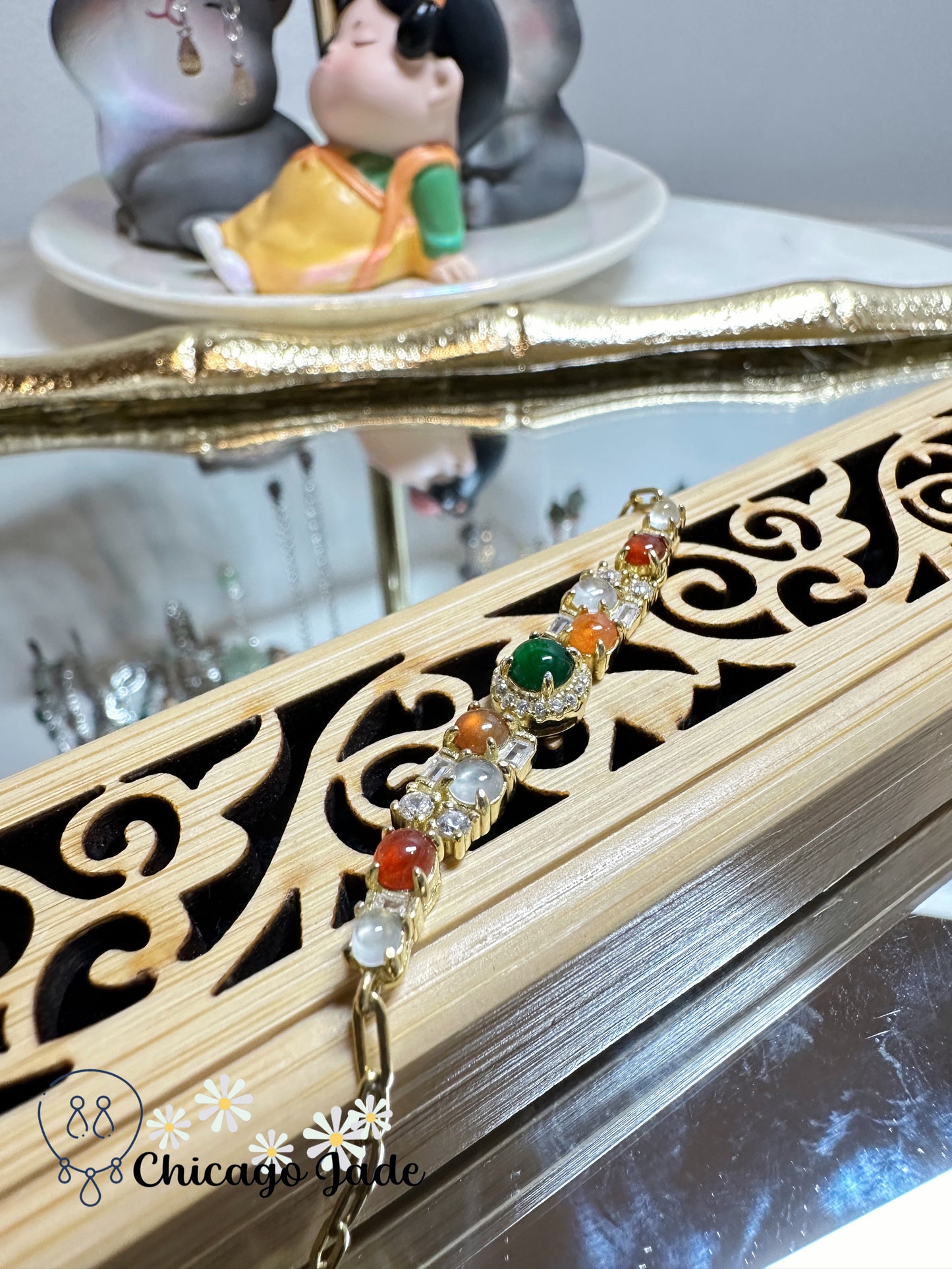 Luxury Rainbow Jadeite Jade Geometric Sterling Silver bracelet with zircon