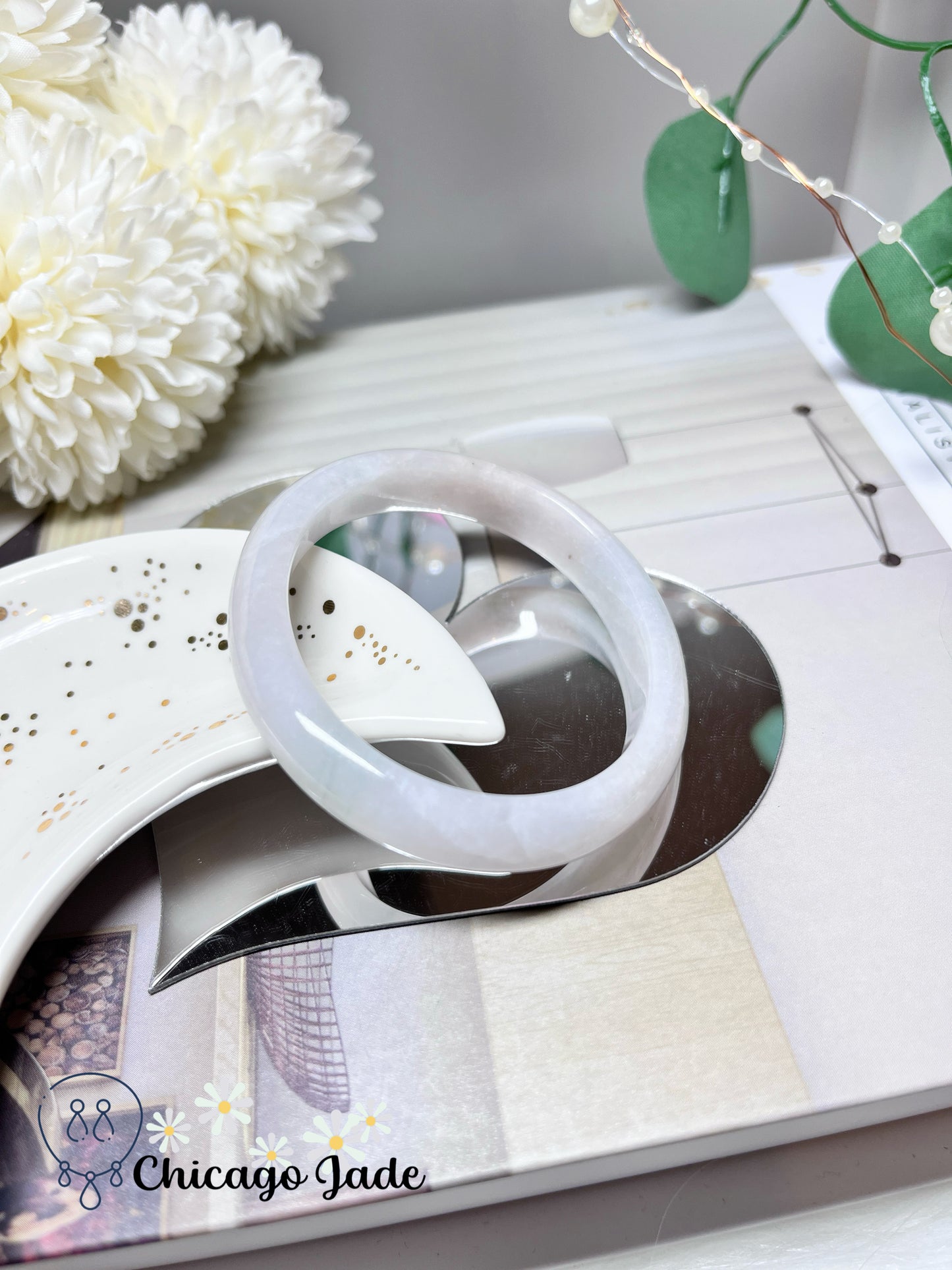 53.8mm Size XS White Base Faint Blue Natural Authentic Untreated Jadeite Jade Feicui Bangle Oval Shape Handmade