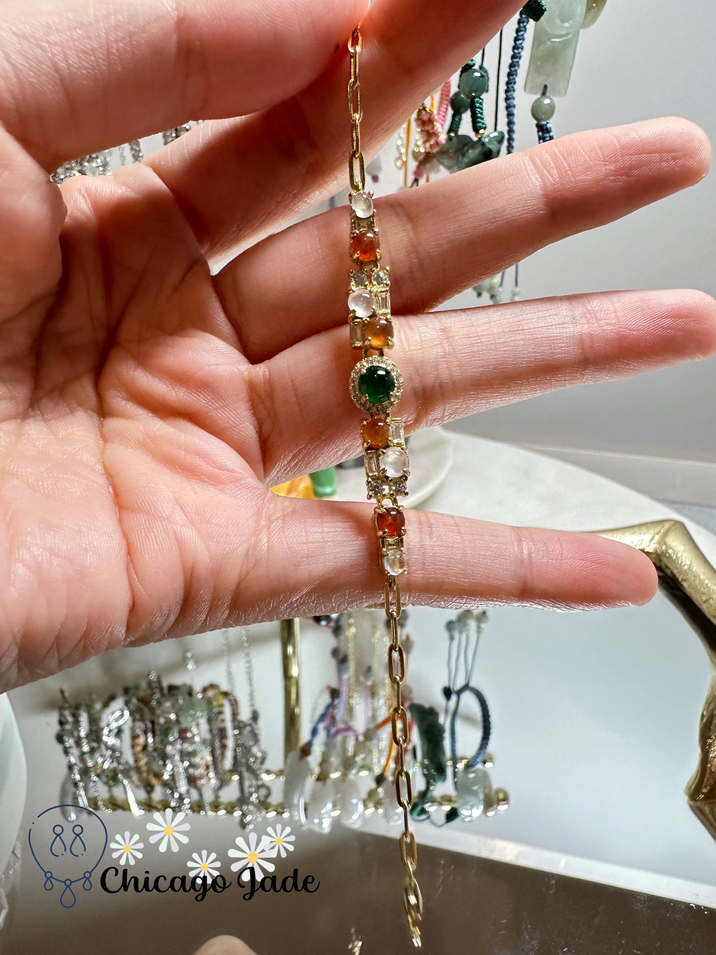 Luxury Rainbow Jadeite Jade Geometric Sterling Silver bracelet with zircon