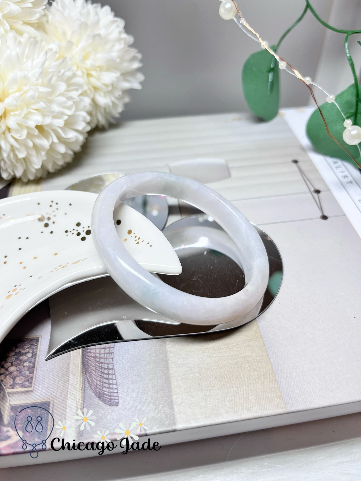 53.8mm Size XS White Base Faint Blue Natural Authentic Untreated Jadeite Jade Feicui Bangle Oval Shape Handmade