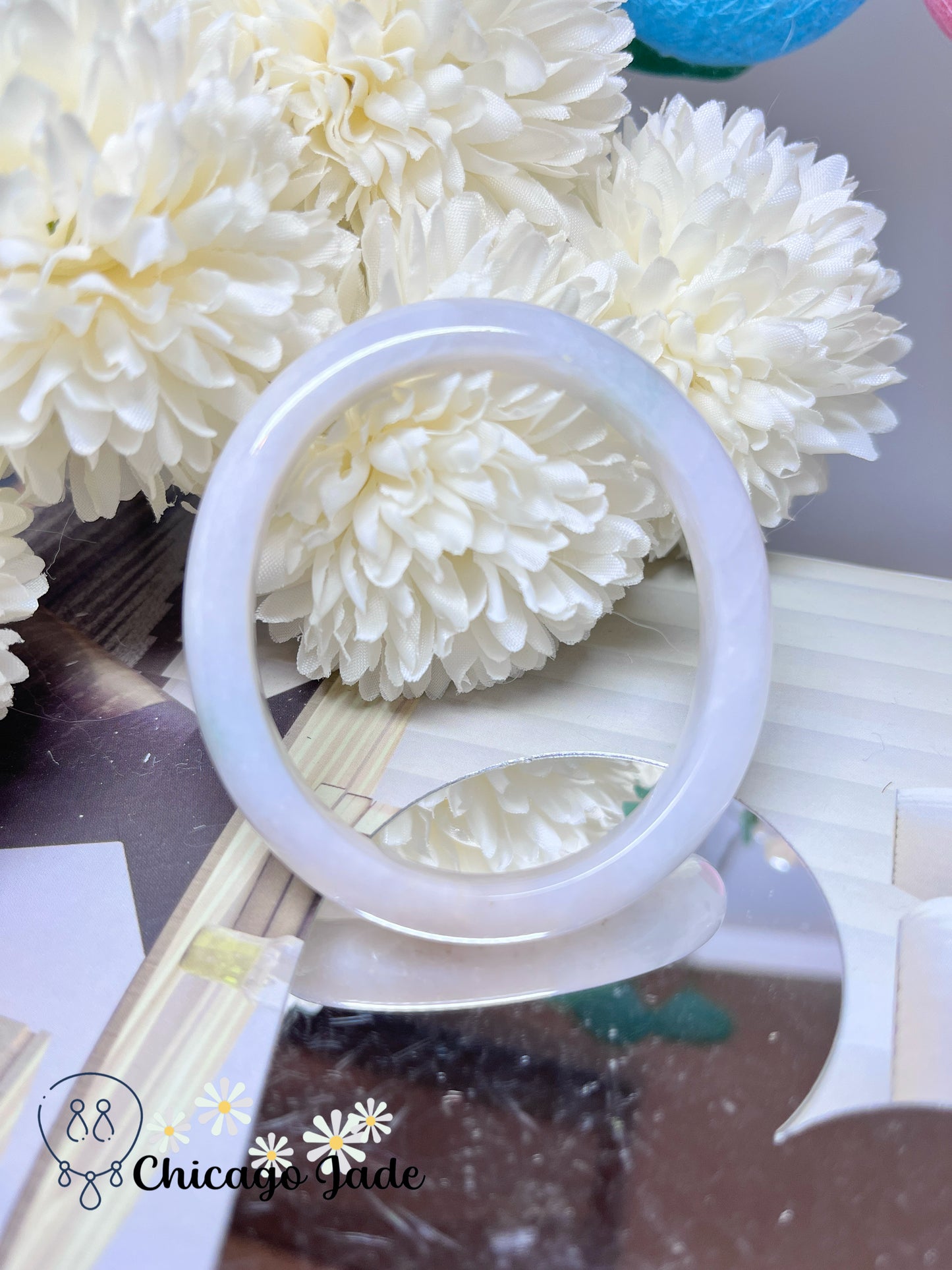 53.8mm Size XS White Base Faint Blue Natural Authentic Untreated Jadeite Jade Feicui Bangle Oval Shape Handmade