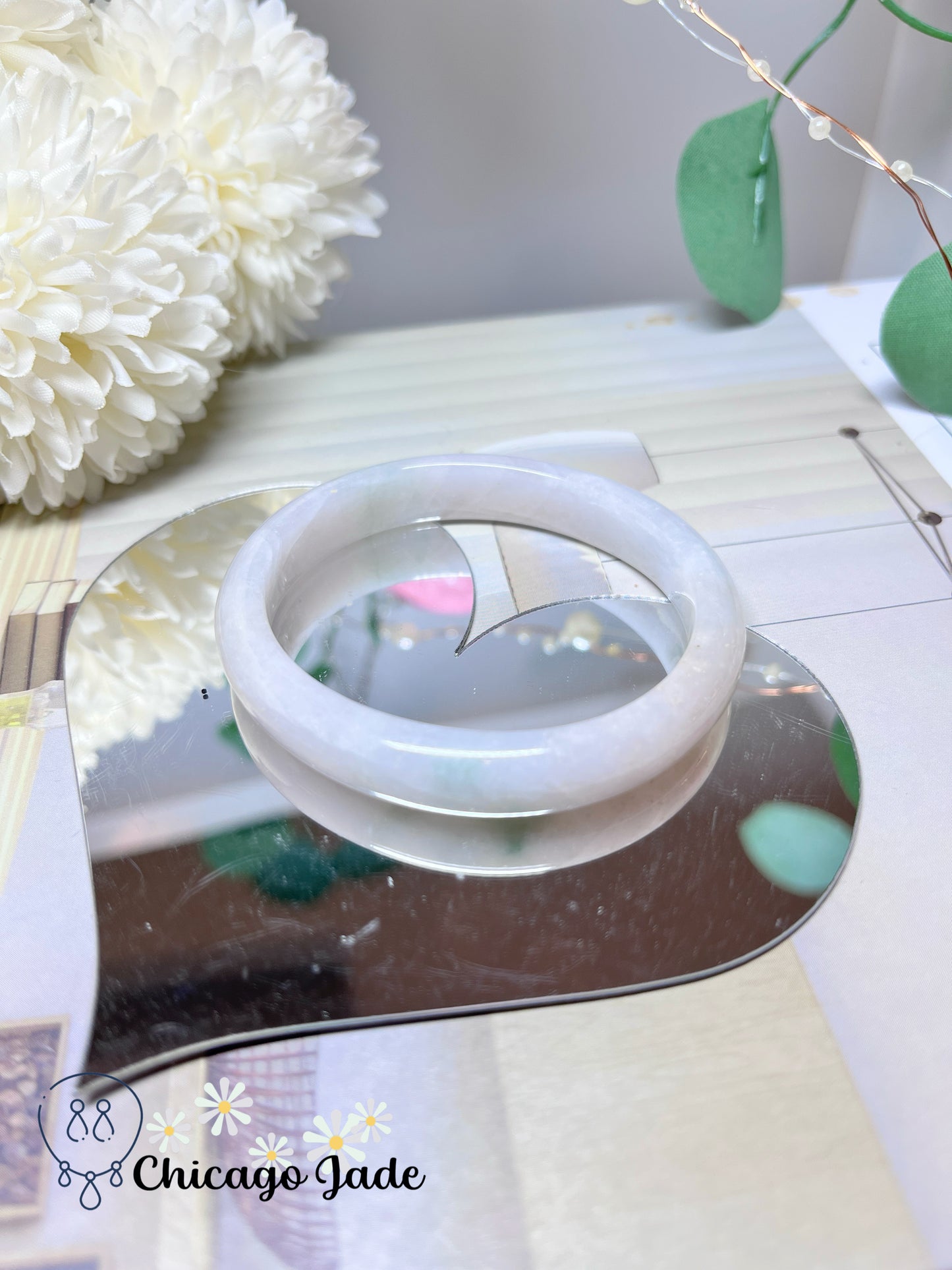 53.8mm Size XS White Base Faint Blue Natural Authentic Untreated Jadeite Jade Feicui Bangle Oval Shape Handmade