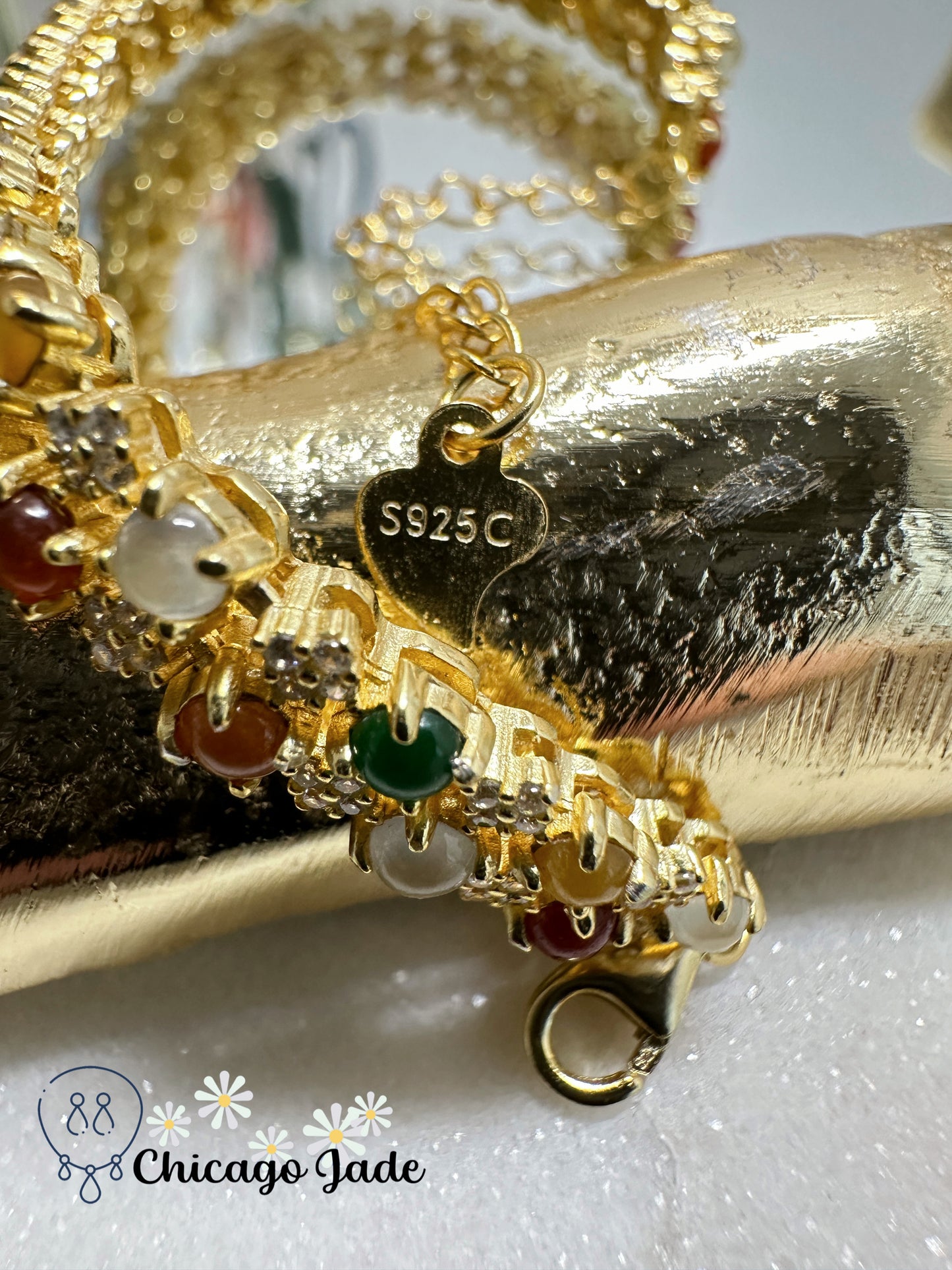 Luxury Rainbow Jadeite Jade Sterling Silver bracelet with zircon