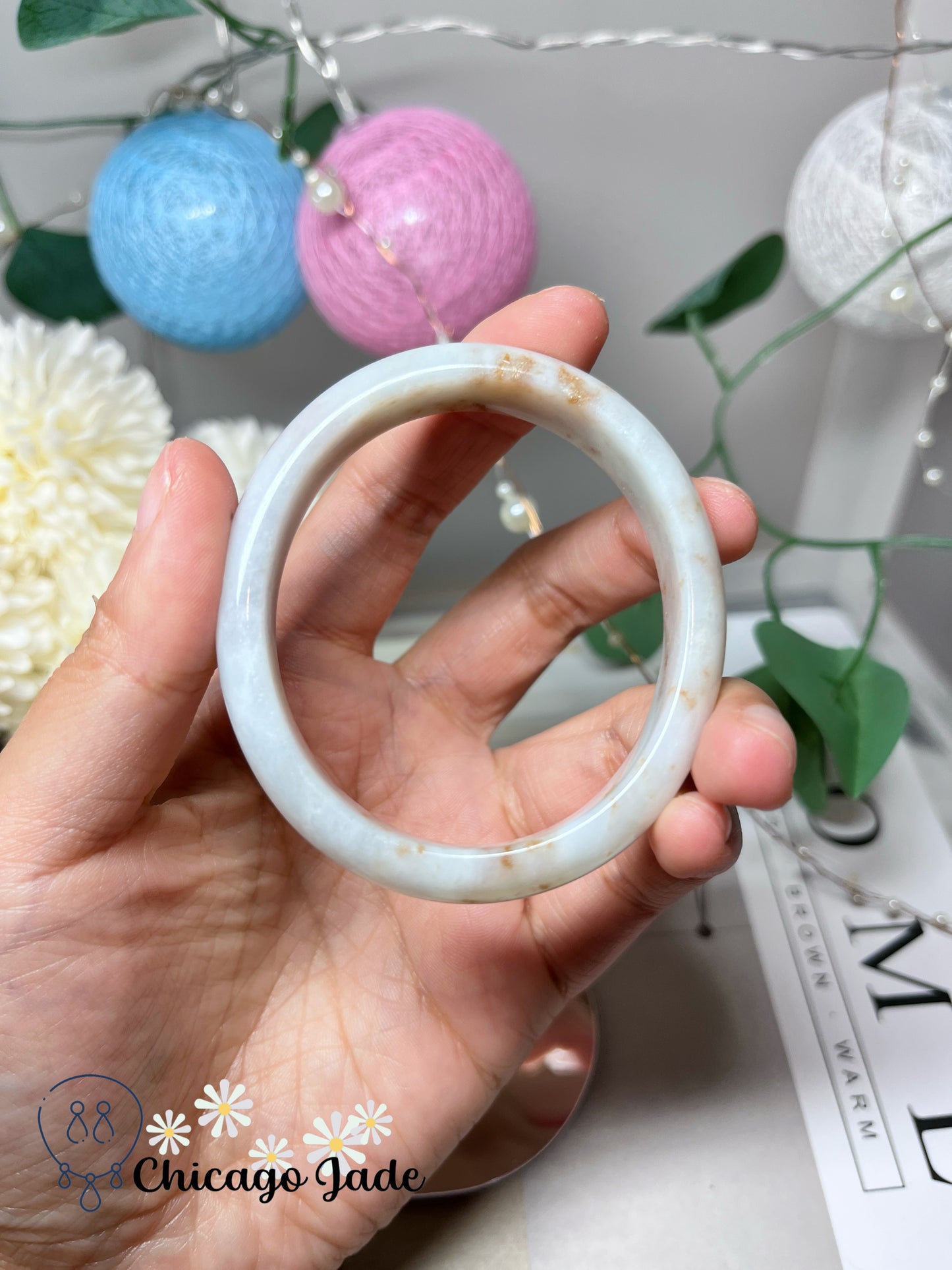 55 mm Size XS Oval Shaped Moonlight White Base Orange Highlight Authentic Untreated Jadeite Jade Feicui Bangle Burma