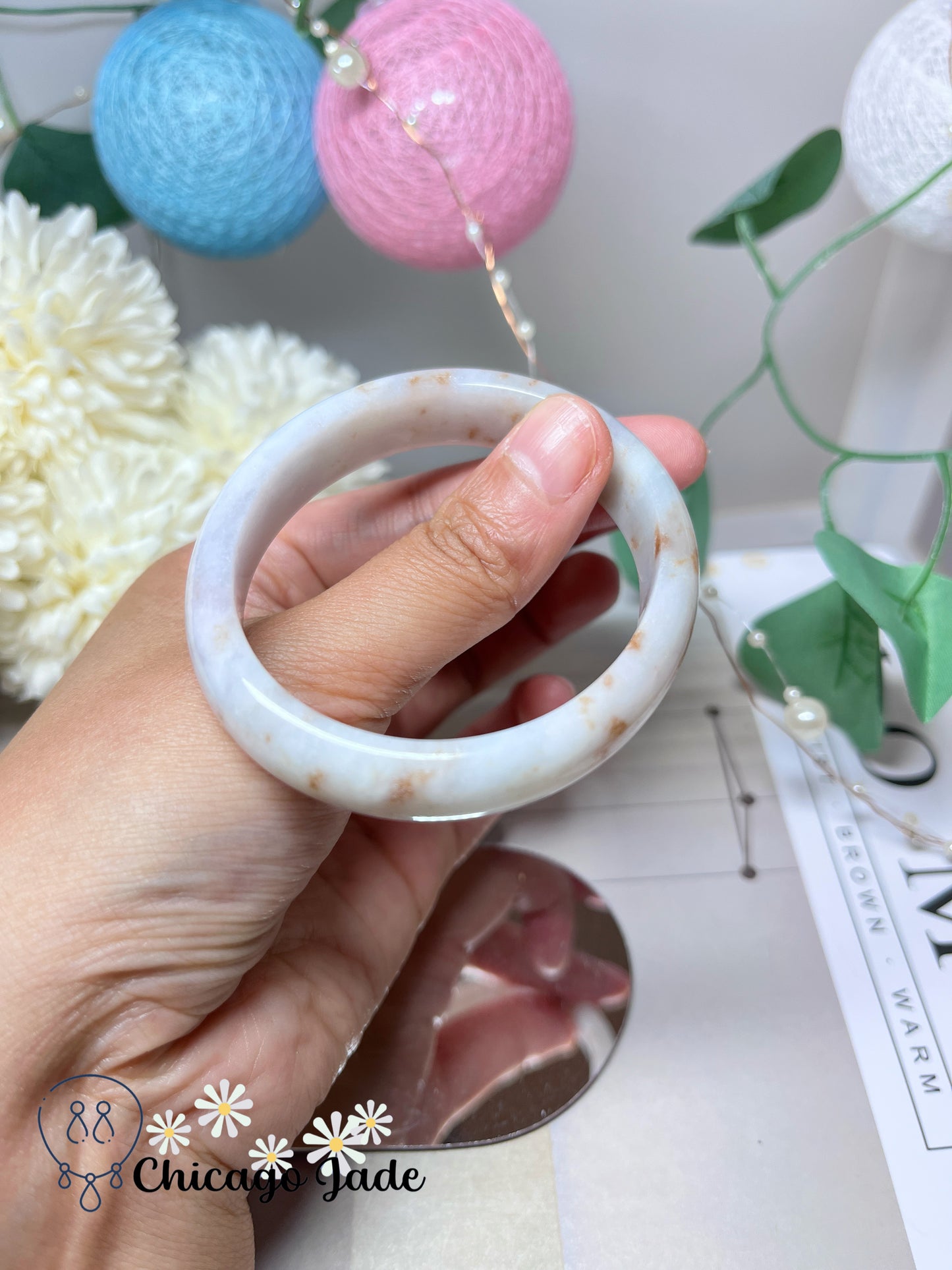 55 mm Size XS Oval Shaped Moonlight White Base Orange Highlight Authentic Untreated Jadeite Jade Feicui Bangle Burma