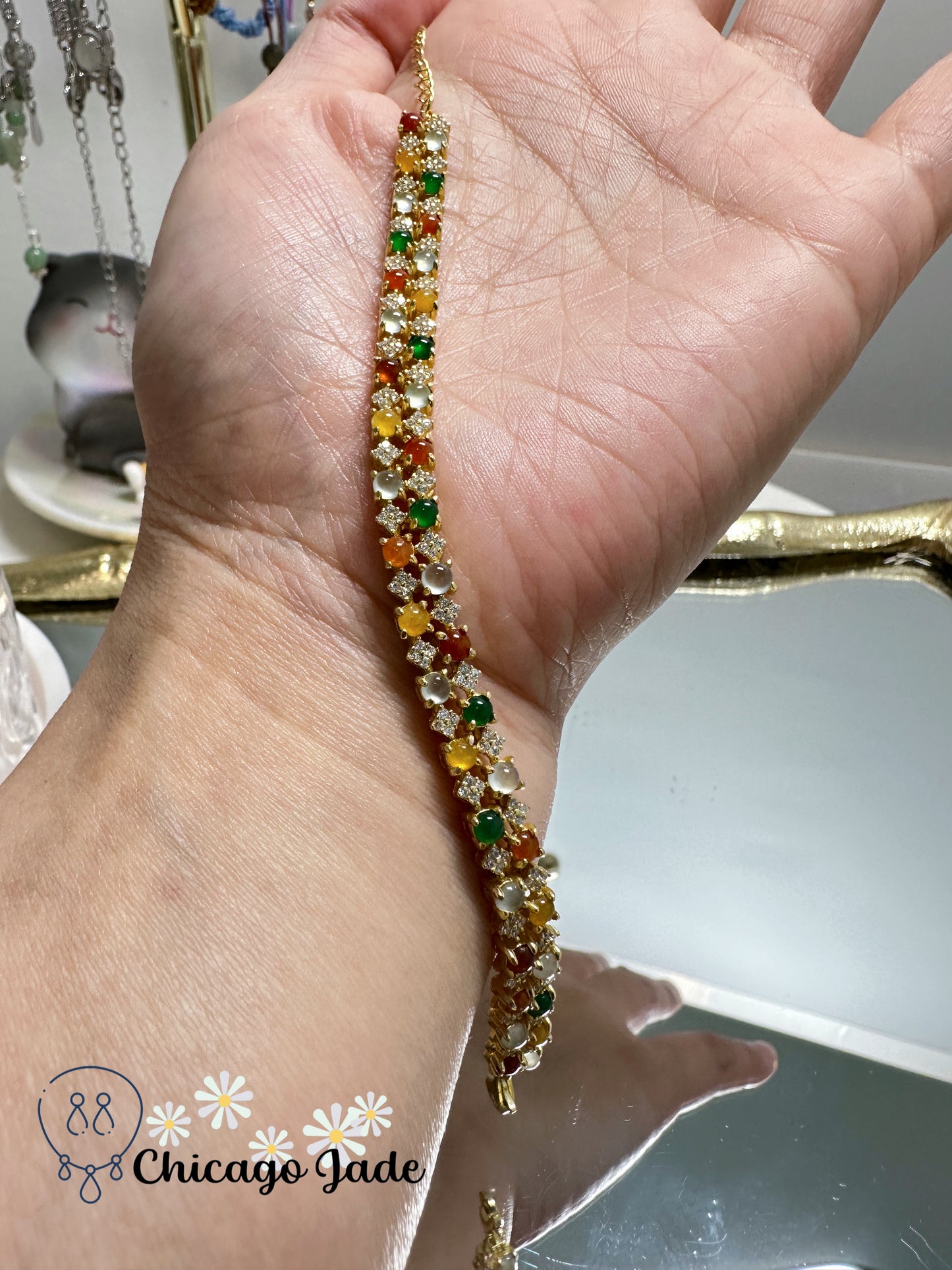 Luxury Rainbow Jadeite Jade Sterling Silver bracelet with zircon