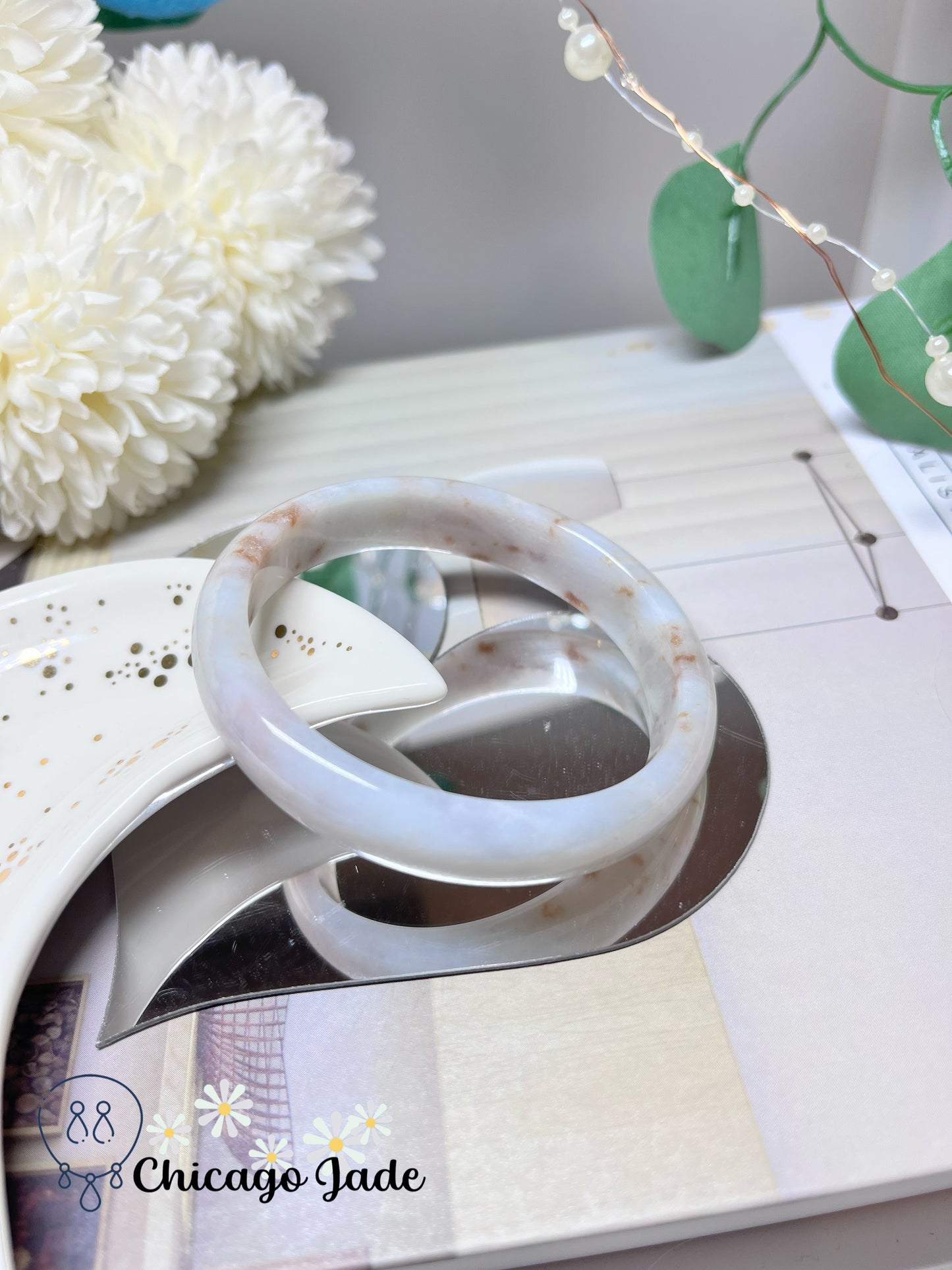 55 mm Size XS Oval Shaped Moonlight White Base Orange Highlight Authentic Untreated Jadeite Jade Feicui Bangle Burma