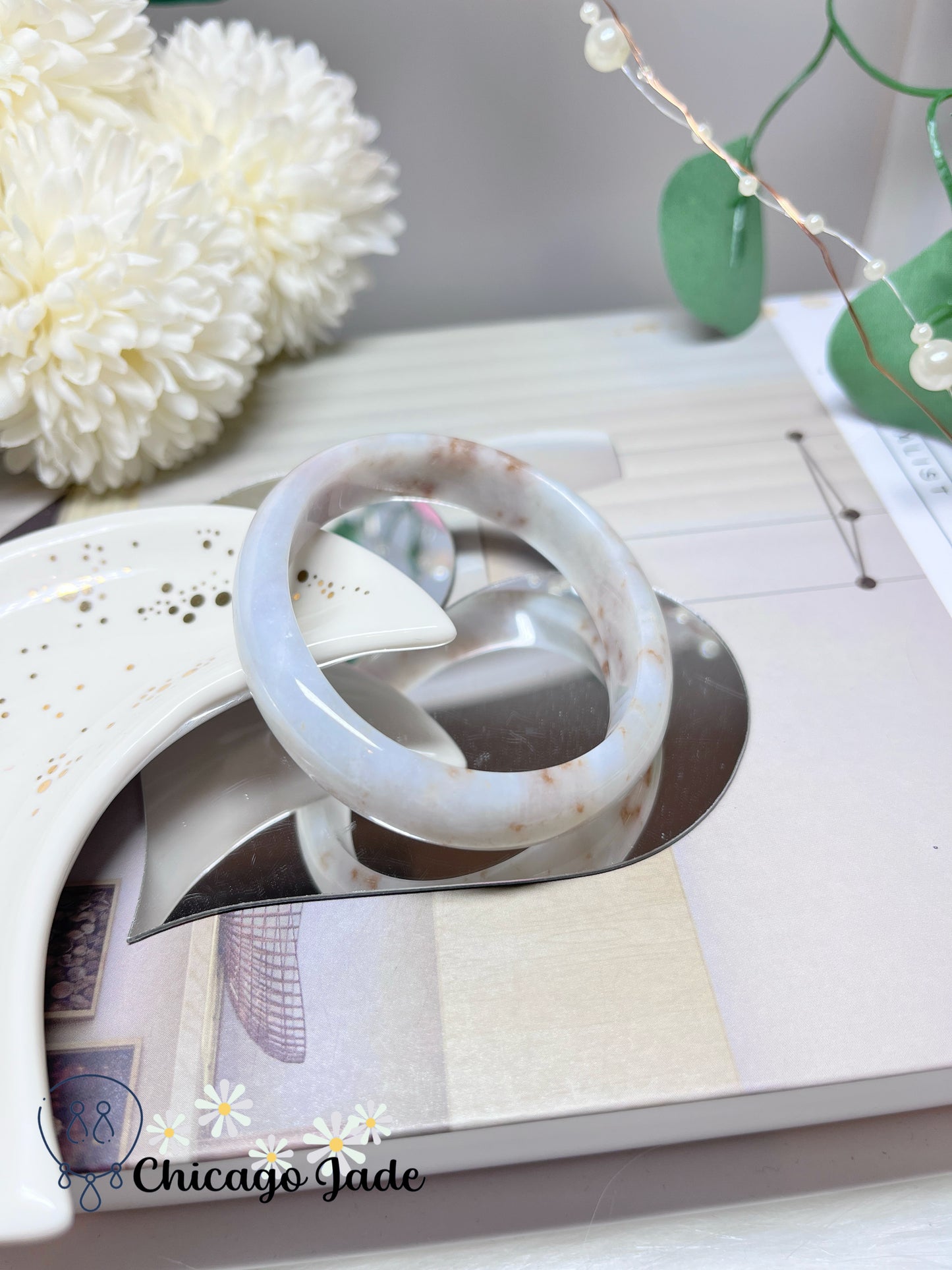 55 mm Size XS Oval Shaped Moonlight White Base Orange Highlight Authentic Untreated Jadeite Jade Feicui Bangle Burma