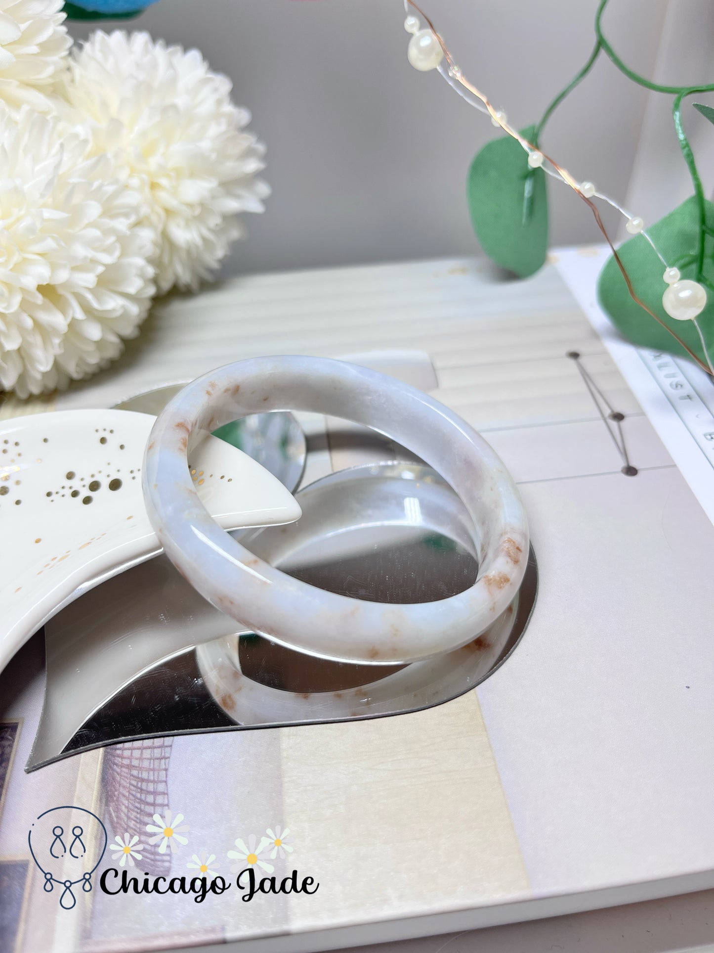 55 mm Size XS Oval Shaped Moonlight White Base Orange Highlight Authentic Untreated Jadeite Jade Feicui Bangle Burma