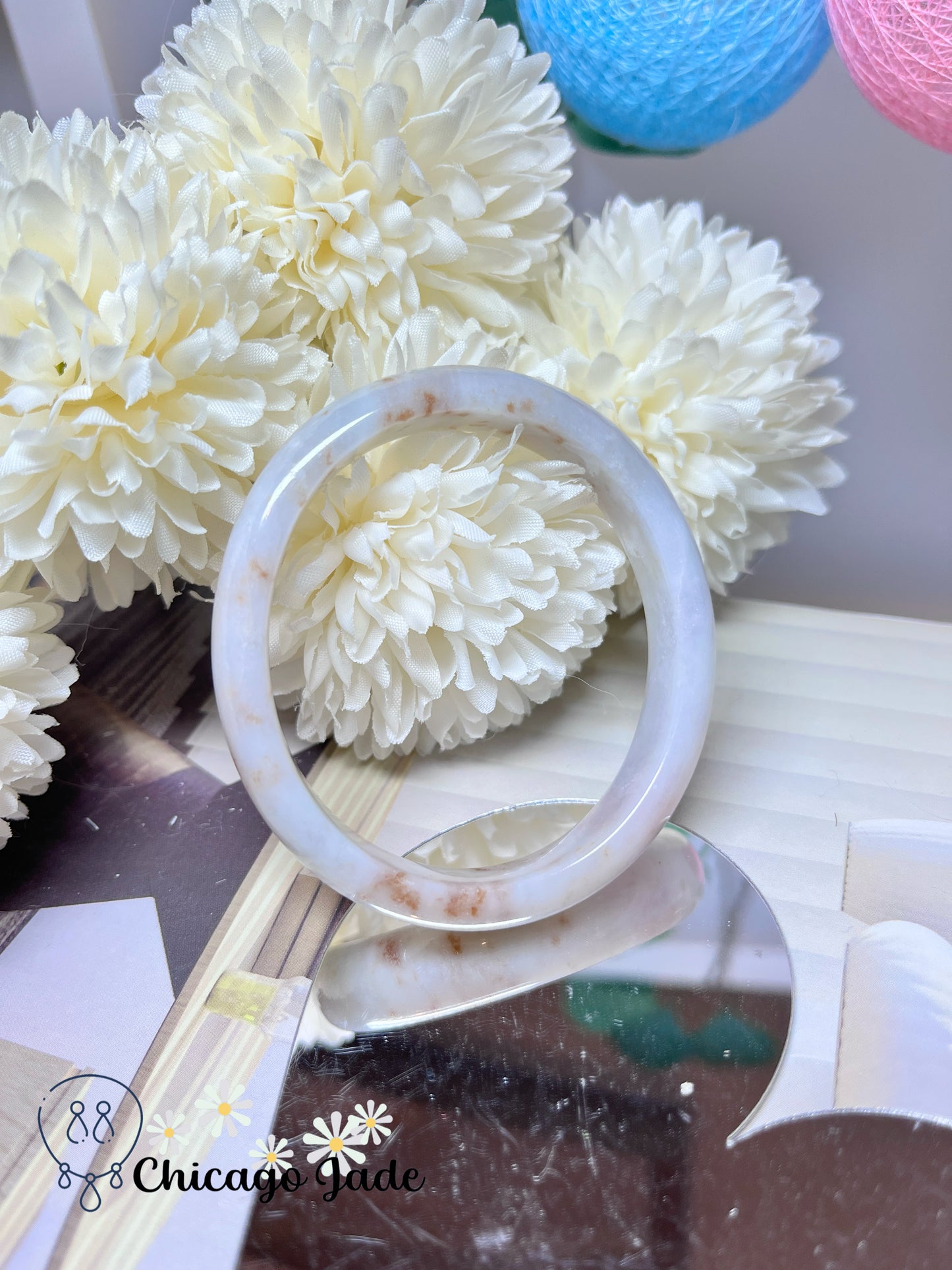 55 mm Size XS Oval Shaped Moonlight White Base Orange Highlight Authentic Untreated Jadeite Jade Feicui Bangle Burma