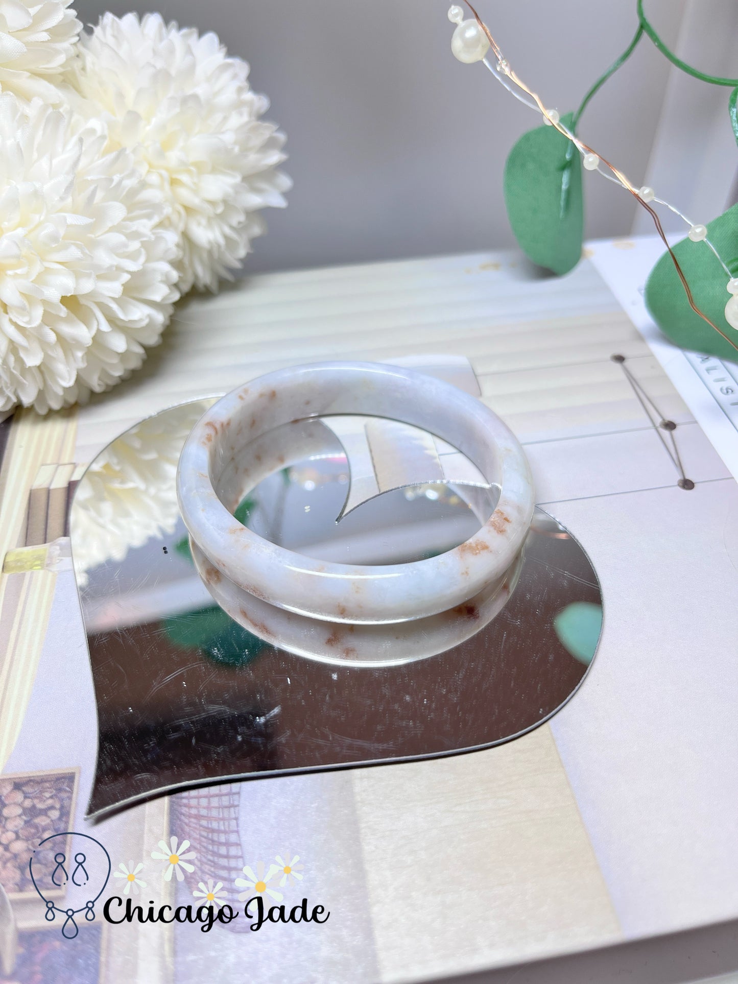 55 mm Size XS Oval Shaped Moonlight White Base Orange Highlight Authentic Untreated Jadeite Jade Feicui Bangle Burma