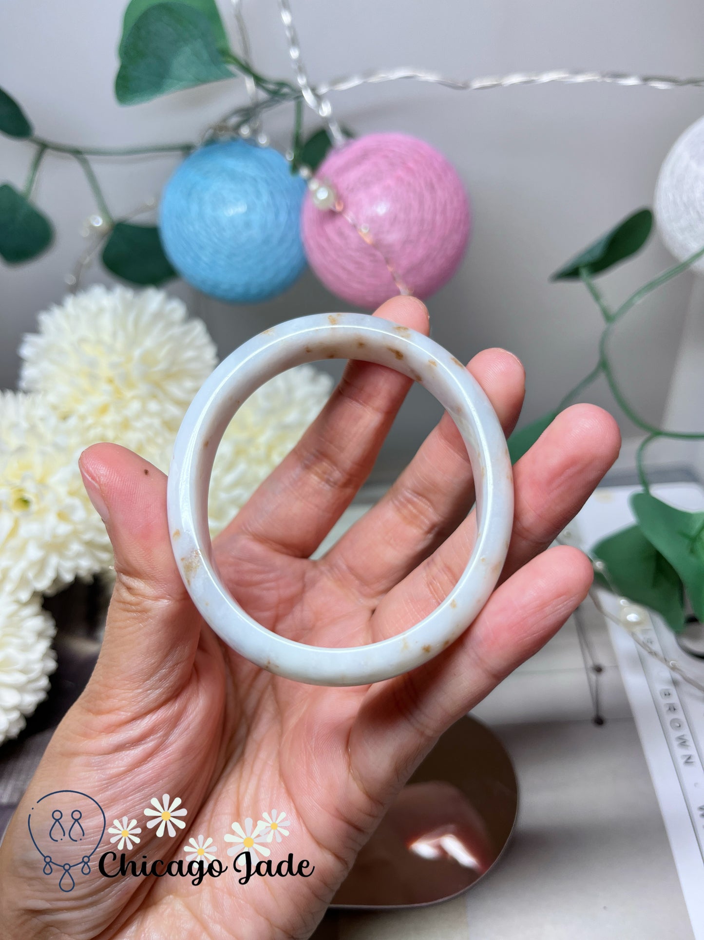 54.4mm Size XS Oval Shaped Moonlight White Base with Orange Highlights Natural Grade A Authentic Jadeite Jade Feicui Bangle Handmade Untreated