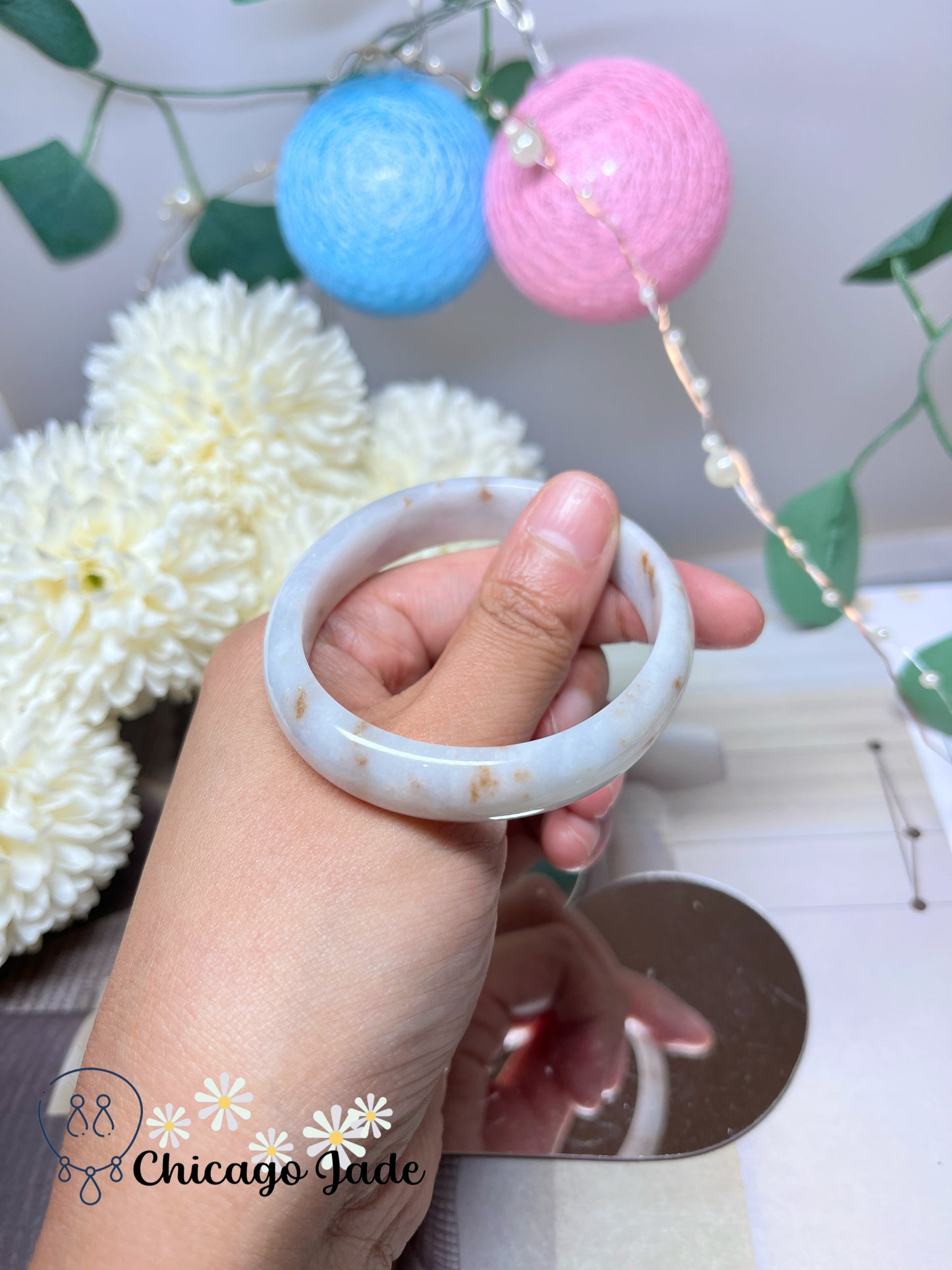 54.4mm Size XS Oval Shaped Moonlight White Base with Orange Highlights Natural Grade A Authentic Jadeite Jade Feicui Bangle Handmade Untreated