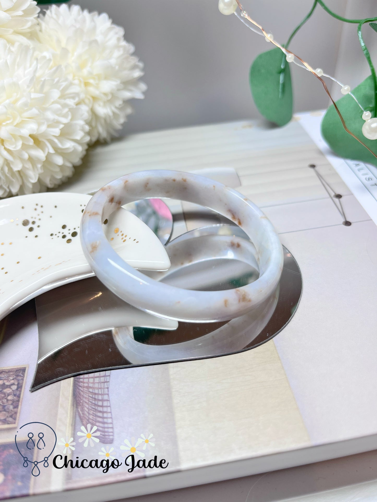 54.4mm Size XS Oval Shaped Moonlight White Base with Orange Highlights Natural Grade A Authentic Jadeite Jade Feicui Bangle Handmade Untreated