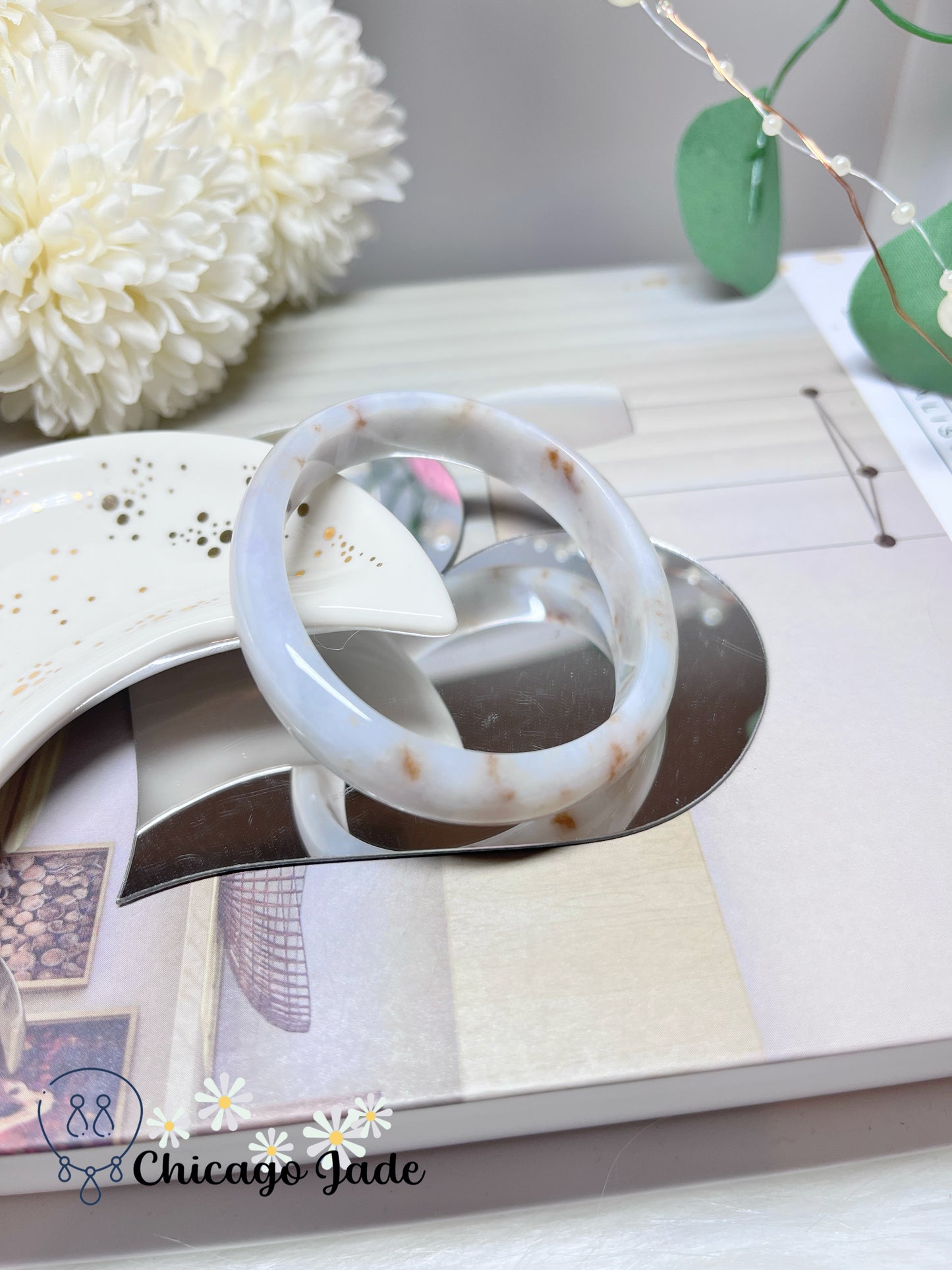54.4mm Size XS Oval Shaped Moonlight White Base with Orange Highlights Natural Grade A Authentic Jadeite Jade Feicui Bangle Handmade Untreated